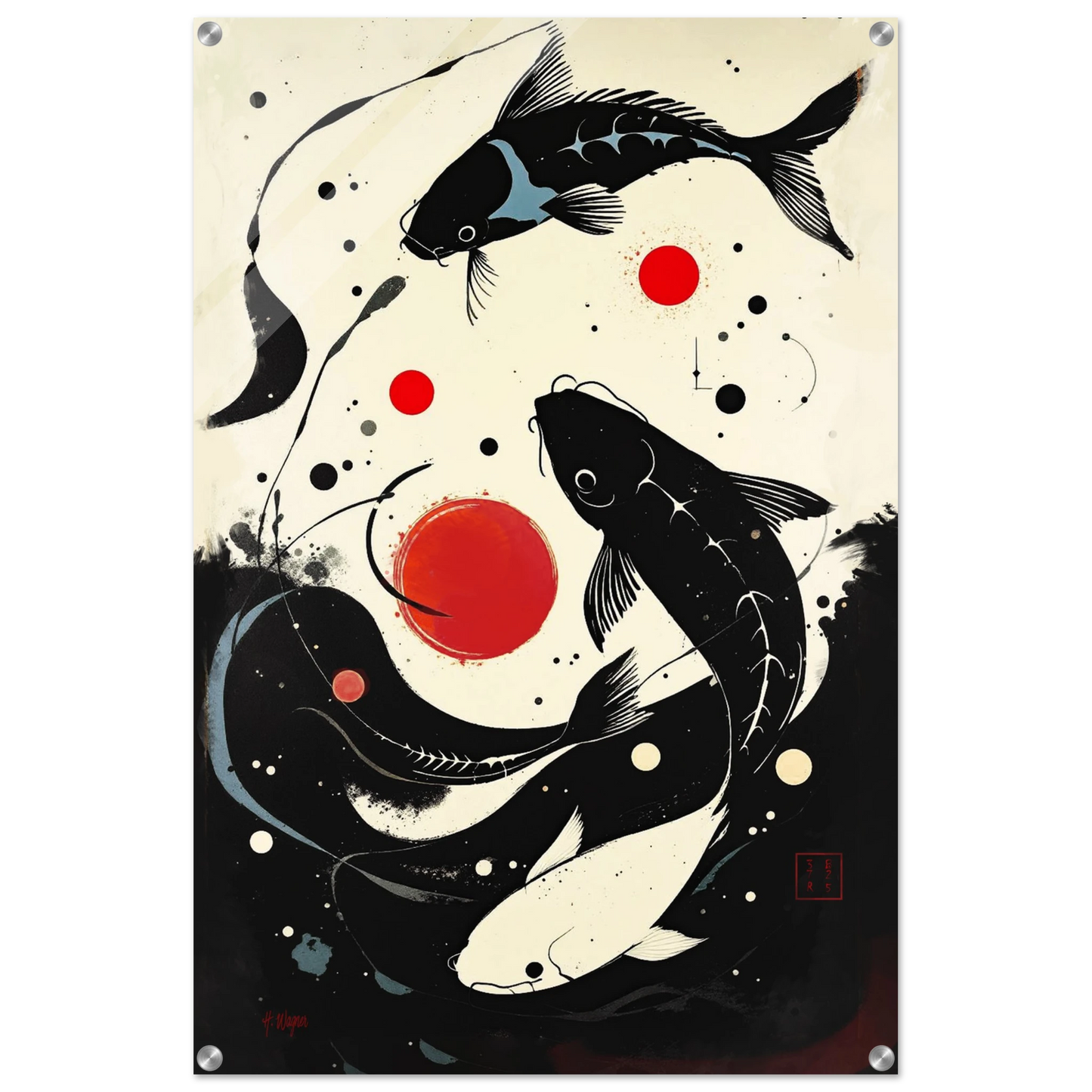 Mid-Century Modern Koi Fish Art Poster Print – Framed Abstract Black White Wall Décor 60x90 cm 24x36″ Sleek Acrylic Print No Frame