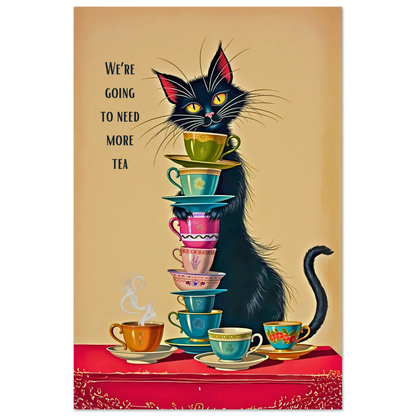 Quirky Cat Funny Tea Art Print 60x90 cm 24x36″ Museum-Quality Matte Paper Poster No Frame