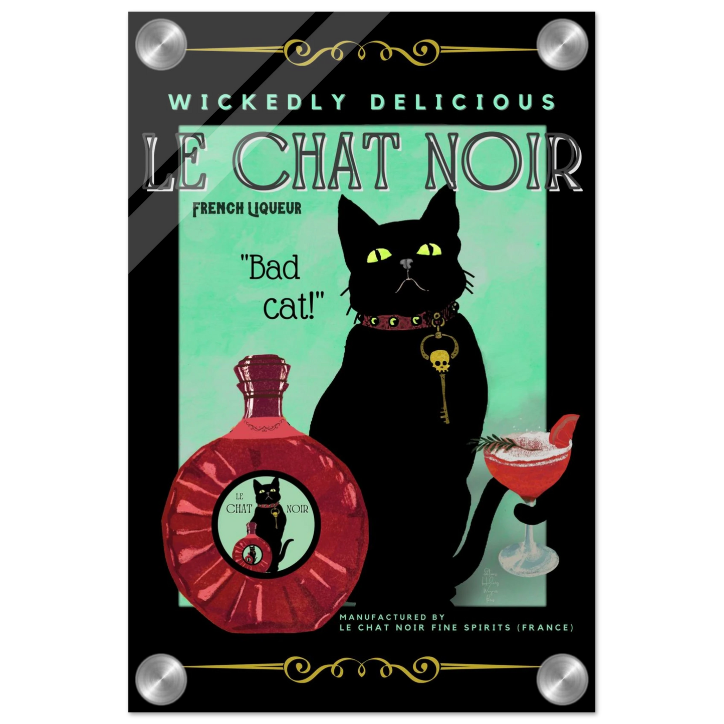 Black Cat Cocktail French Art Deco Print 20x30 cm 8x12″ Sleek Acrylic Print No Frame