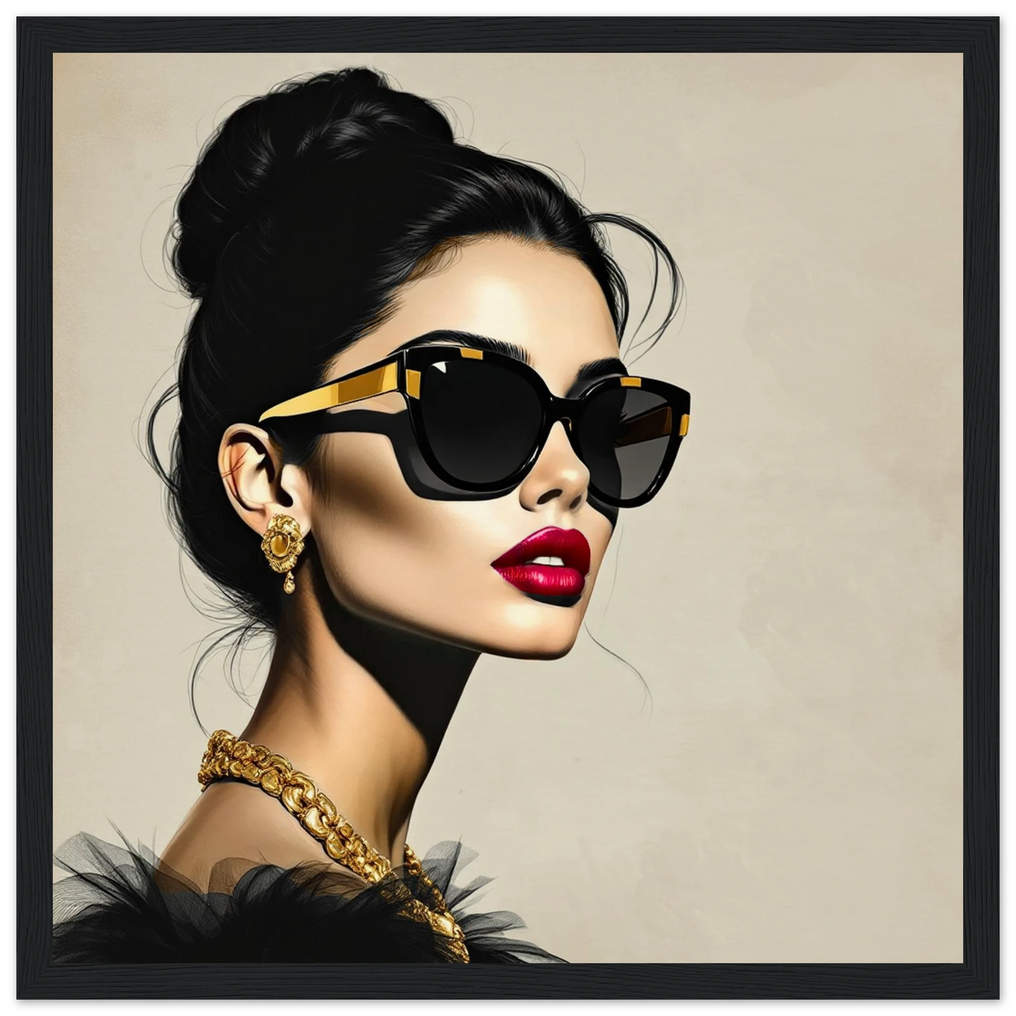 Golden Girl Chic Runway Model Art Print 30x30 cm 12x12″ Museum-Quality Matte Wooden Framed Poster