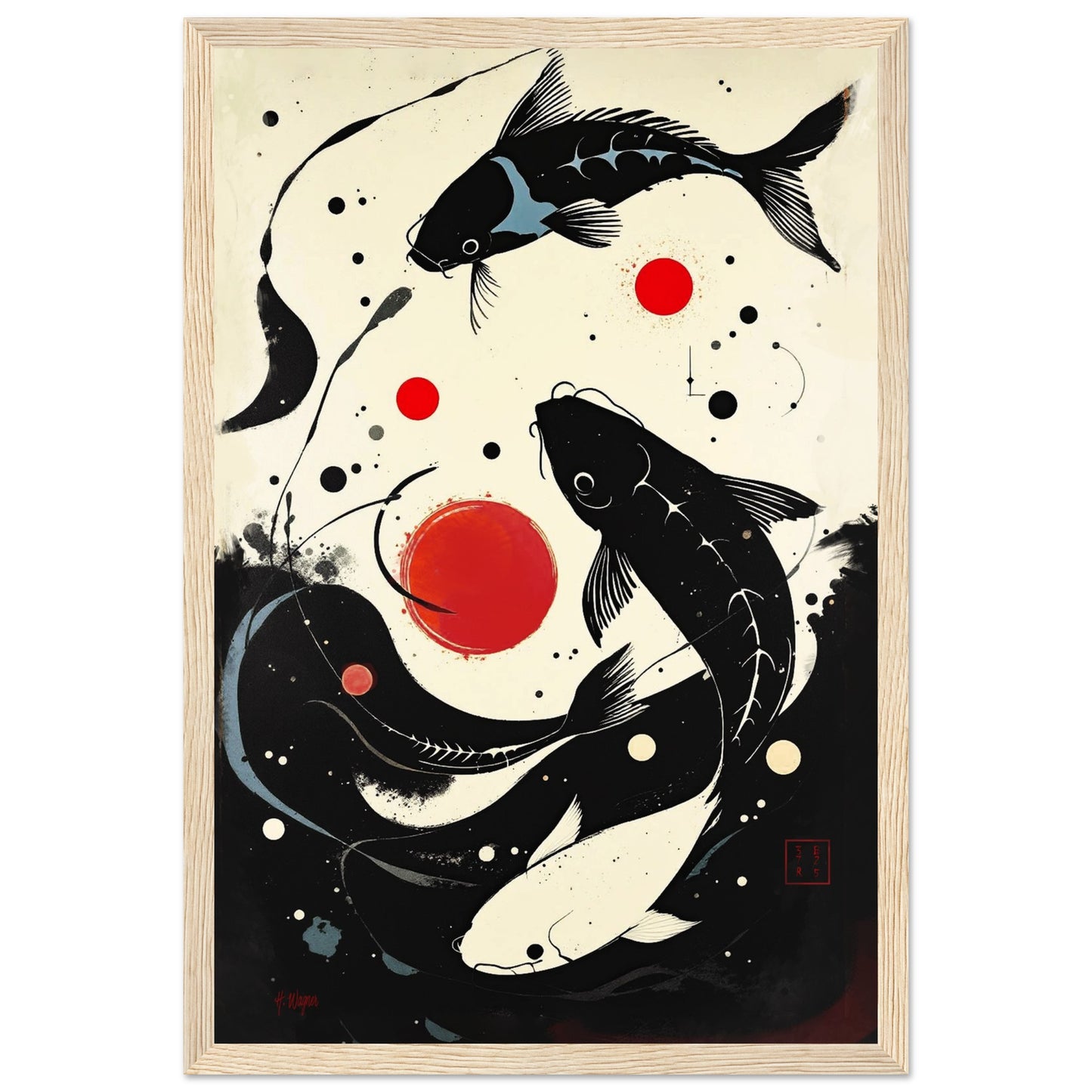 Mid-Century Modern Koi Fish Art Poster Print – Framed Abstract Black White Wall Décor 30x45 cm 12x18″ Framed Canvas Light Wood Frame