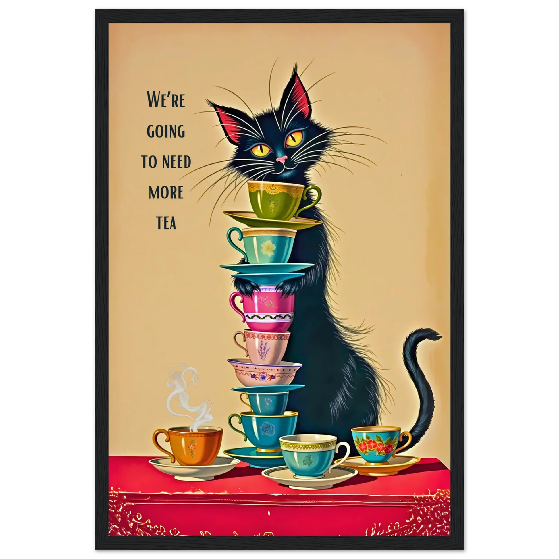 Quirky Cat Funny Tea Art Print 30x45 cm 12x18″ Classic Matte Paper Wooden Framed Poster Black Wood frame