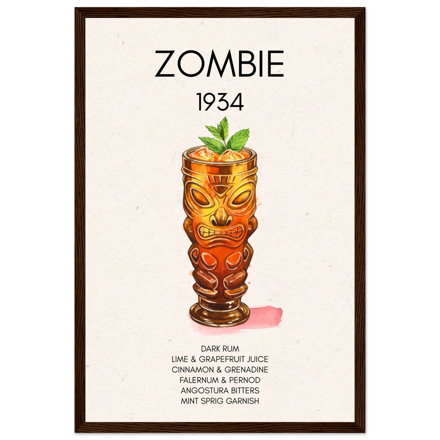 Zombie Tiki Cocktail Bar Poster Print Dark Brown Wood Frame 30x45 cm 12x18″ Classic Matte Paper Wooden Framed Poster
