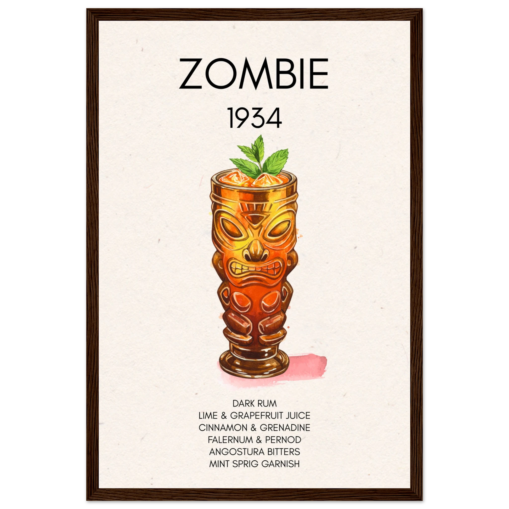Zombie Tiki Cocktail Bar Art Print Dark Brown Wood Frame 30x45 cm 12x18″ Classic Matte Paper Wooden Framed Poster