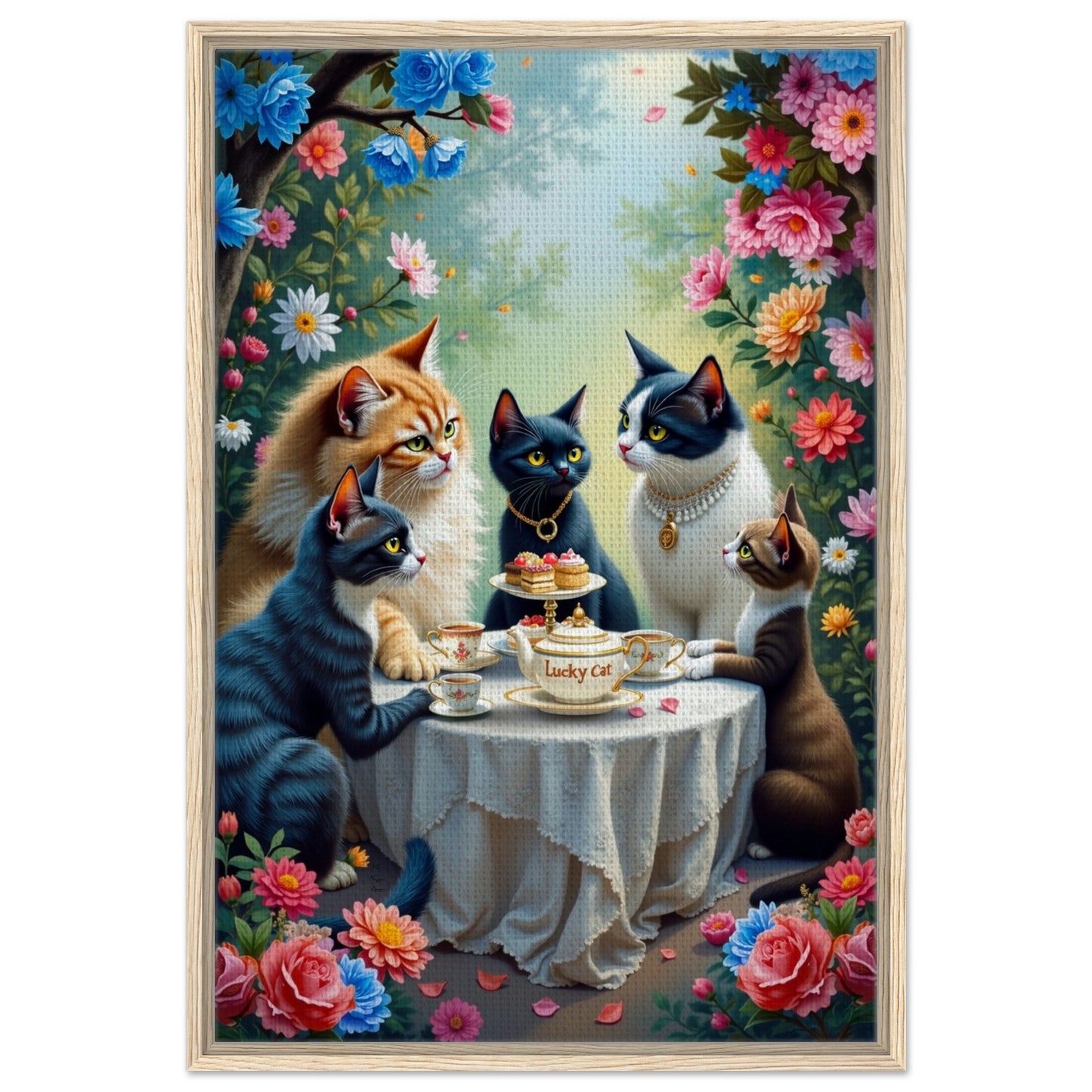 Lucky Cat Garden Tea Party Kitchen Art Print Light Wood Frame 60x90 cm 24x36″ Framed Canvas