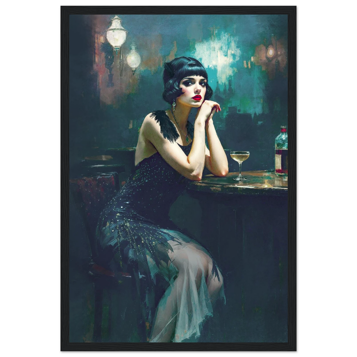 Jazz Age Speakeasy Flapper Art Print Black Wood Frame 30x45 cm 12x18″ Premium Matte Framed Poster