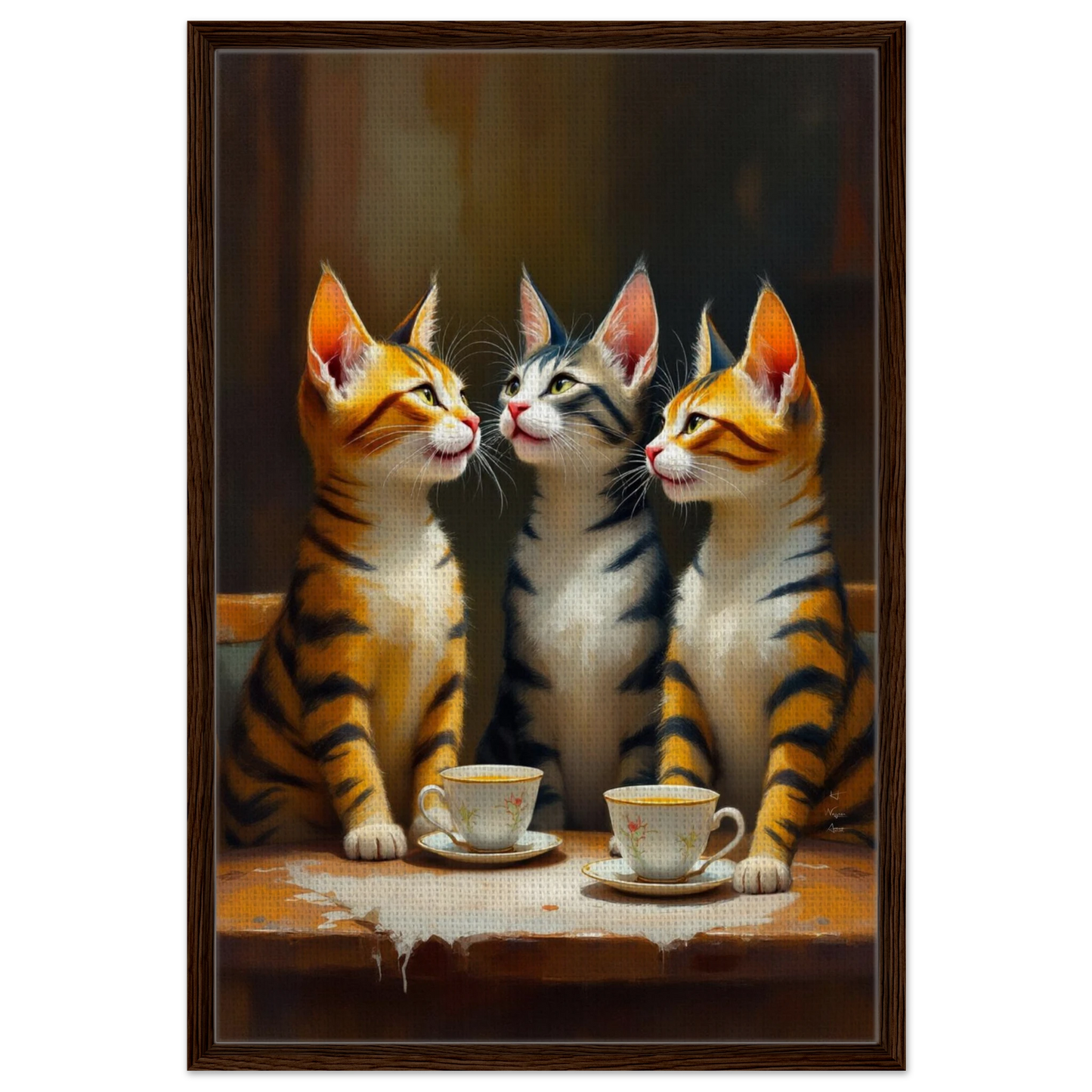 Tabby Cat Vintage Kitchen Art Print 60x90 cm 24x36″ Framed Canvas Dark Brown Wood Frame