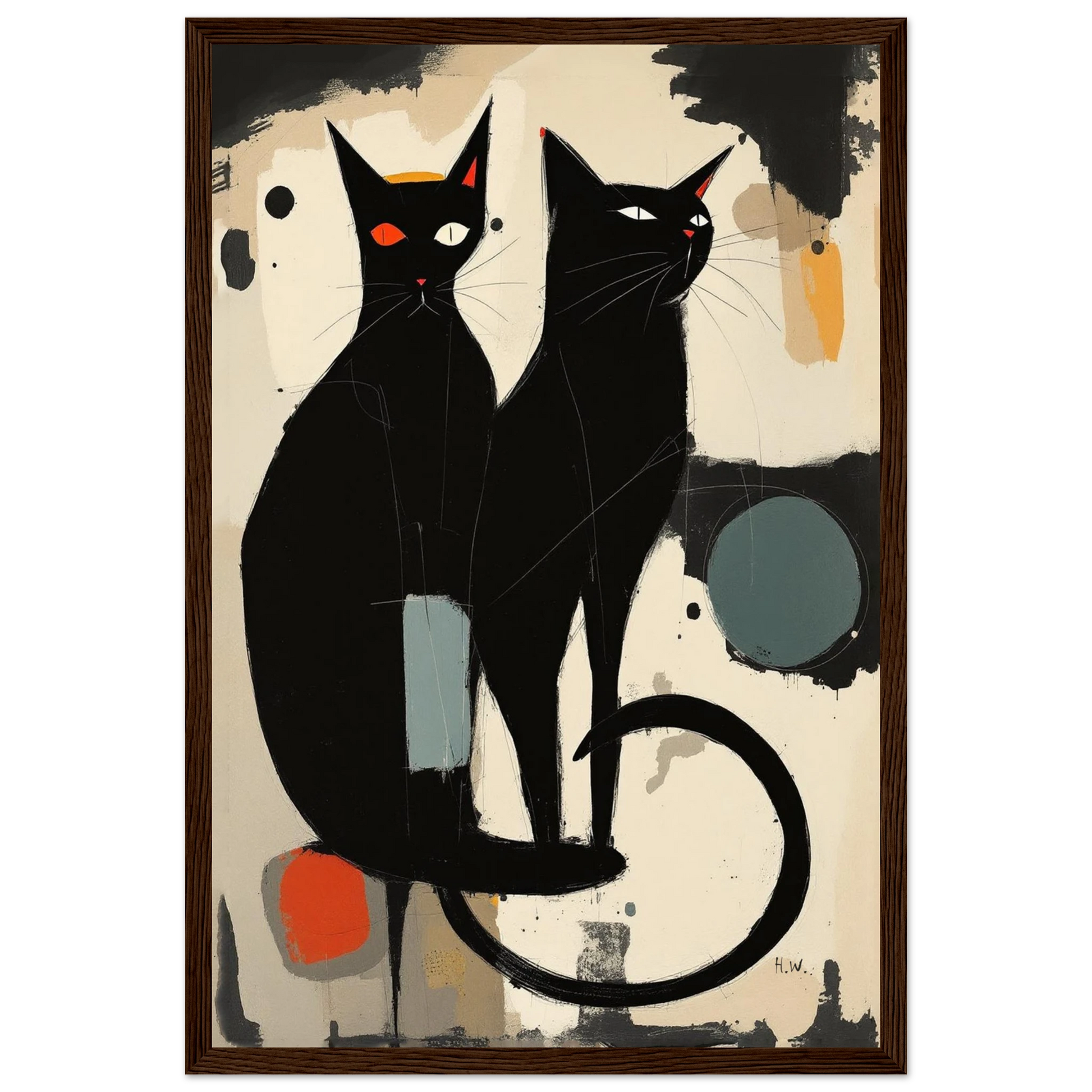 Abstract Crazy Cat Duo Art Print Dark Brown Wood Frame 30x45 cm 12x18″ Classic Matte Paper Wooden Framed Poster