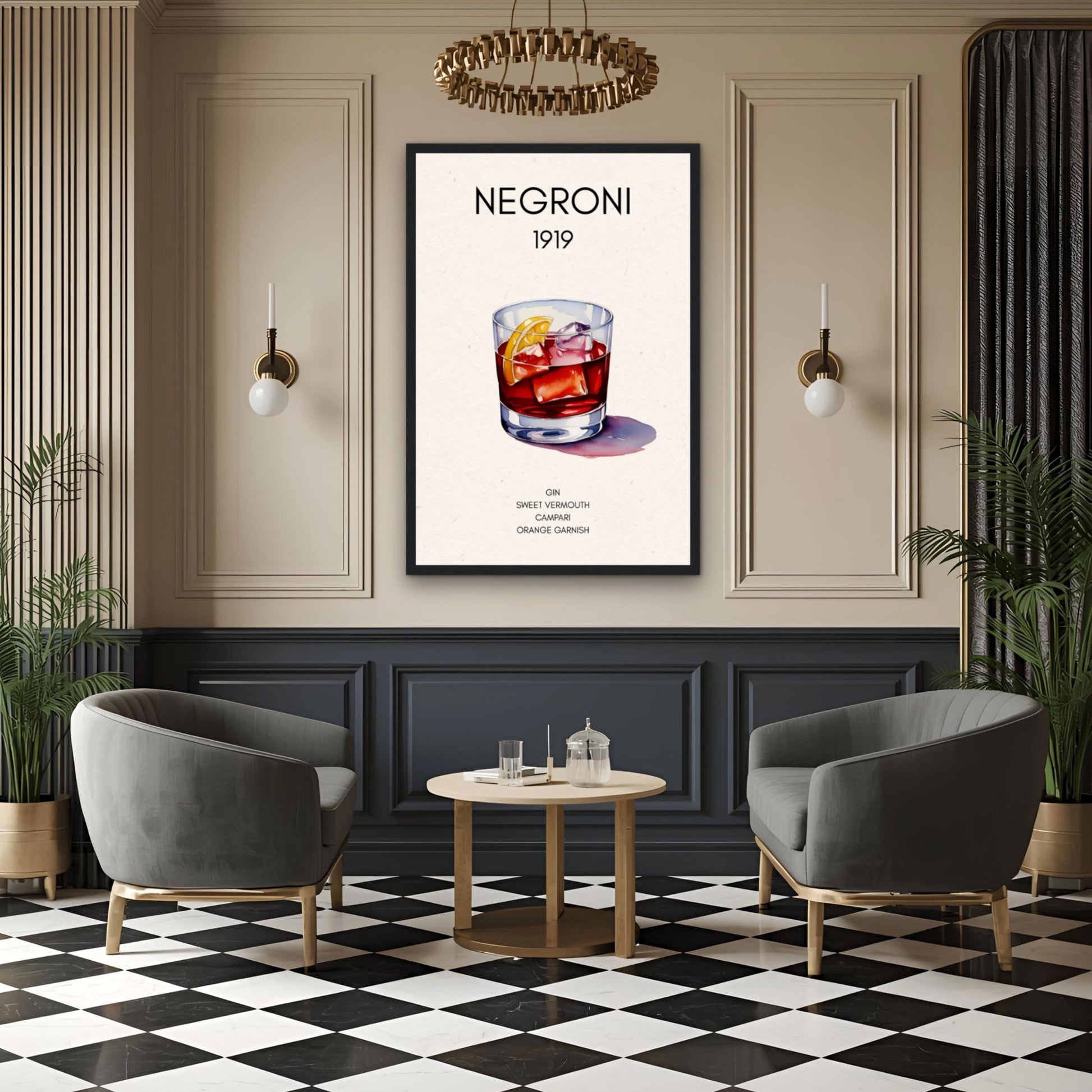 Negroni Cocktail Bar Poster Print Dark Brown Wood Frame 60x90 cm 24x36″ Classic Matte Paper Wooden Framed Poster