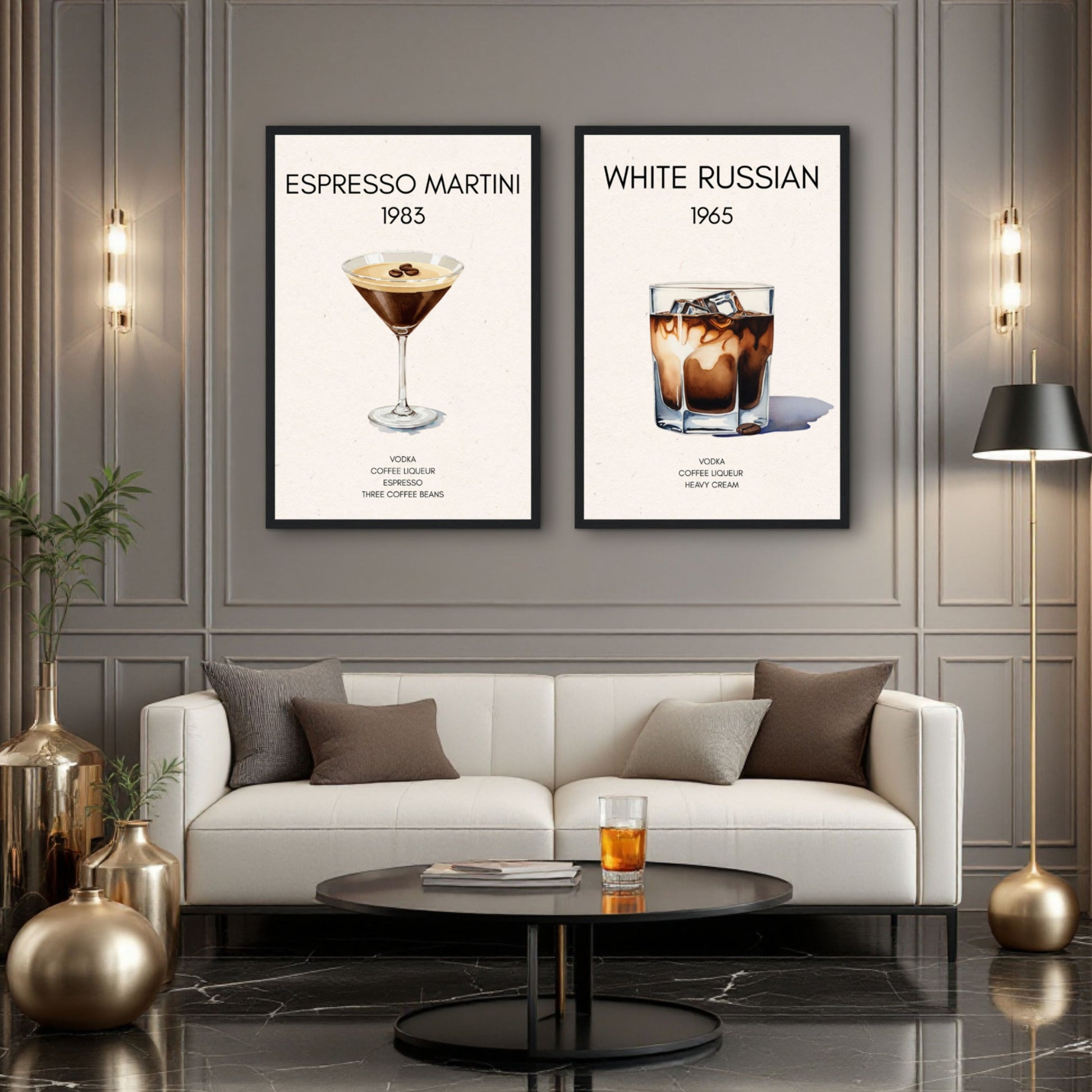 White Russian Cocktail Bar Art Poster Print Dark Brown Wood Frame 30x45 cm 12x18″ Framed Canvas