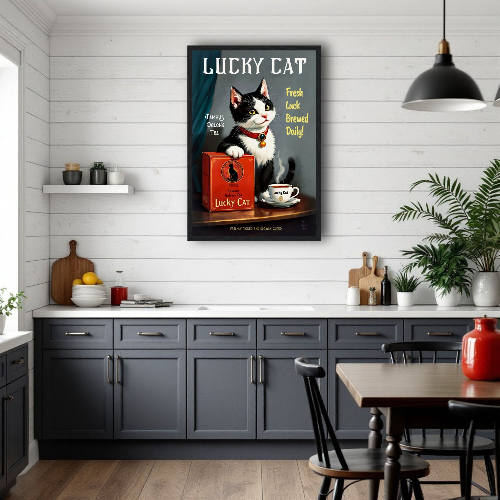 Lucky Tuxedo Cat Tea Kitchen Art Print
