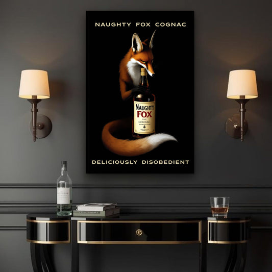 Naughty Fox Cognac Vintage Bar Art Poster Print - Man Cave Wall Decor