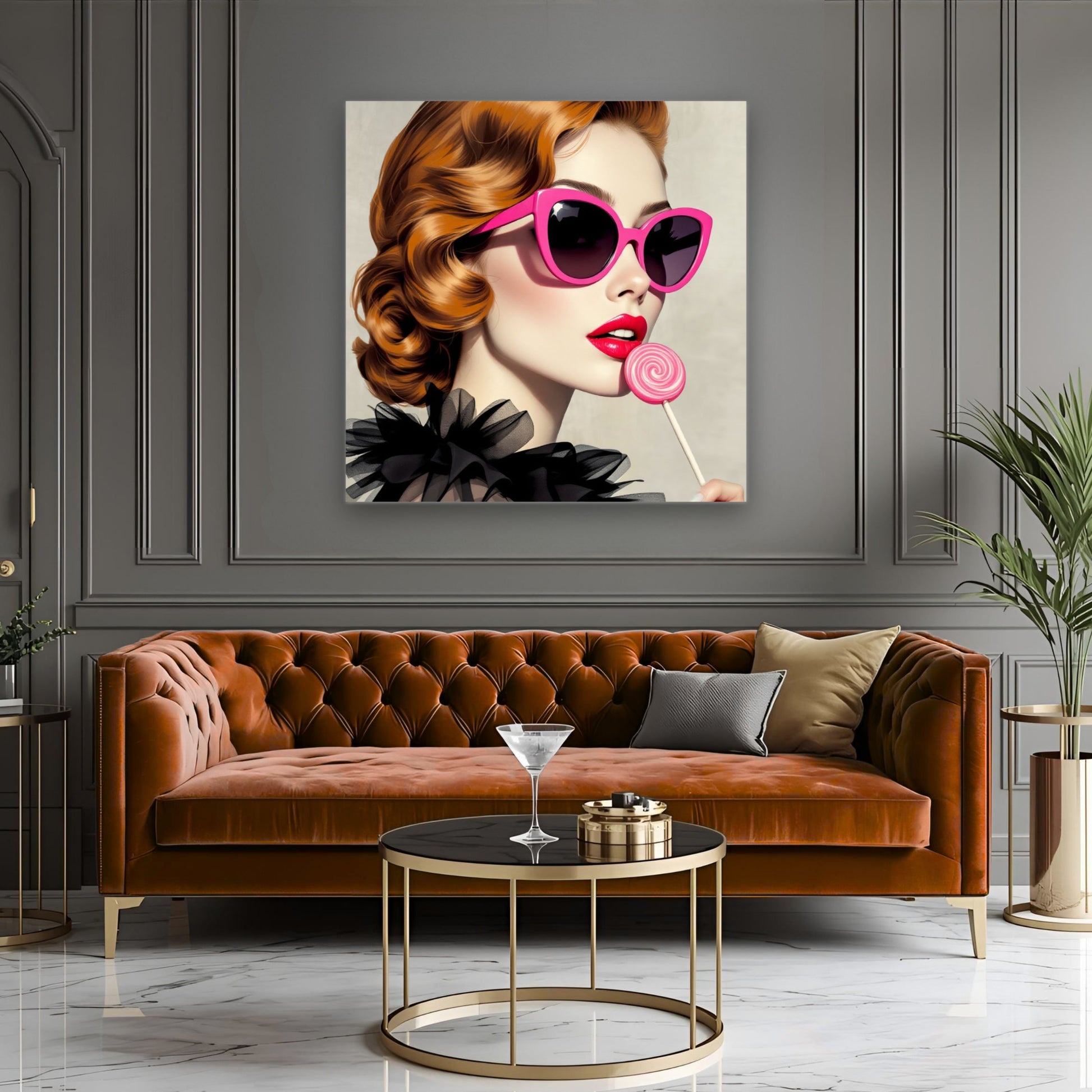 Retro Glam Fashion Model Lollipop Art Print Gallery Wrapped Canvas 30x30 cm 12x12″