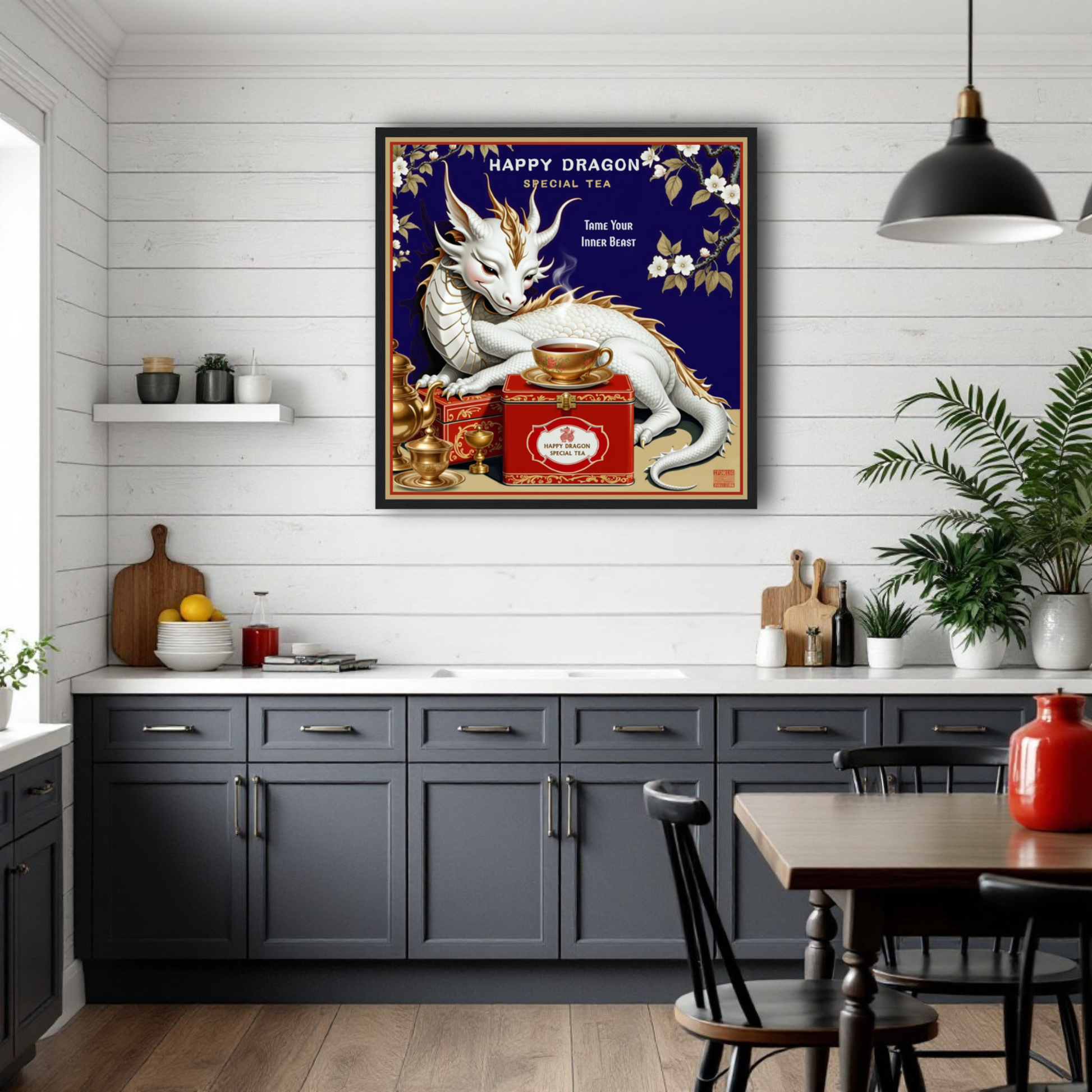 Happy Dragon Tea Art Print 50x50 cm 20x20″ Premium Matte Paper Wooden Framed Poster Black Wood Frame