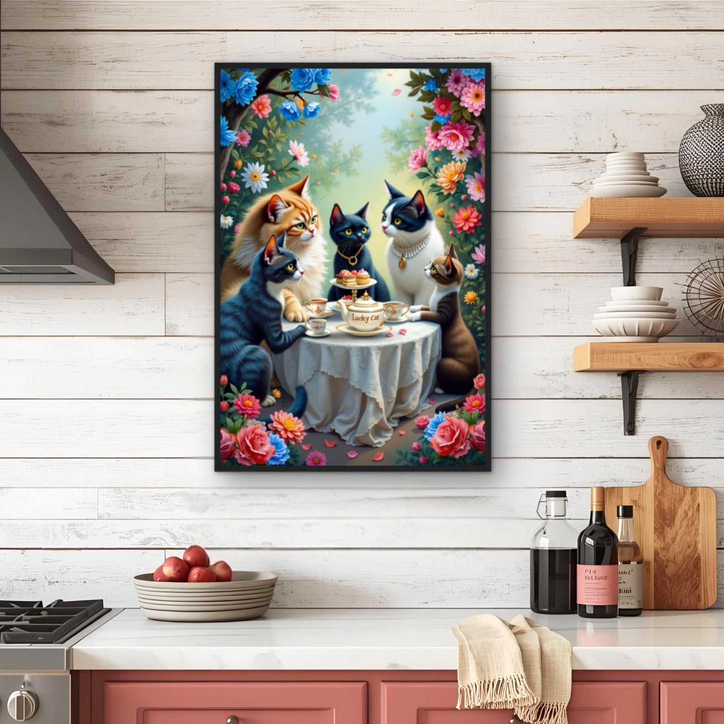 Lucky Cat Tea Party Botanical Art Print