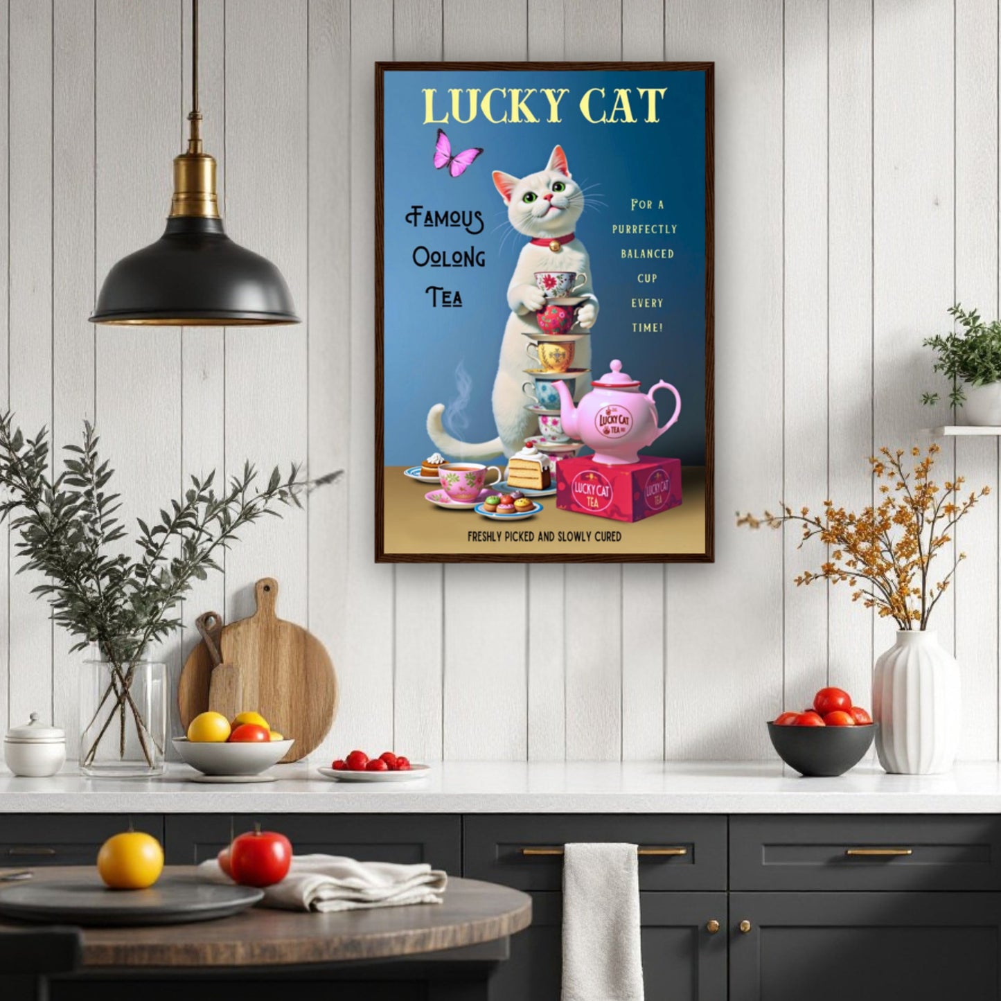 White Lucky Cat Tea Vintage Fine Art Print