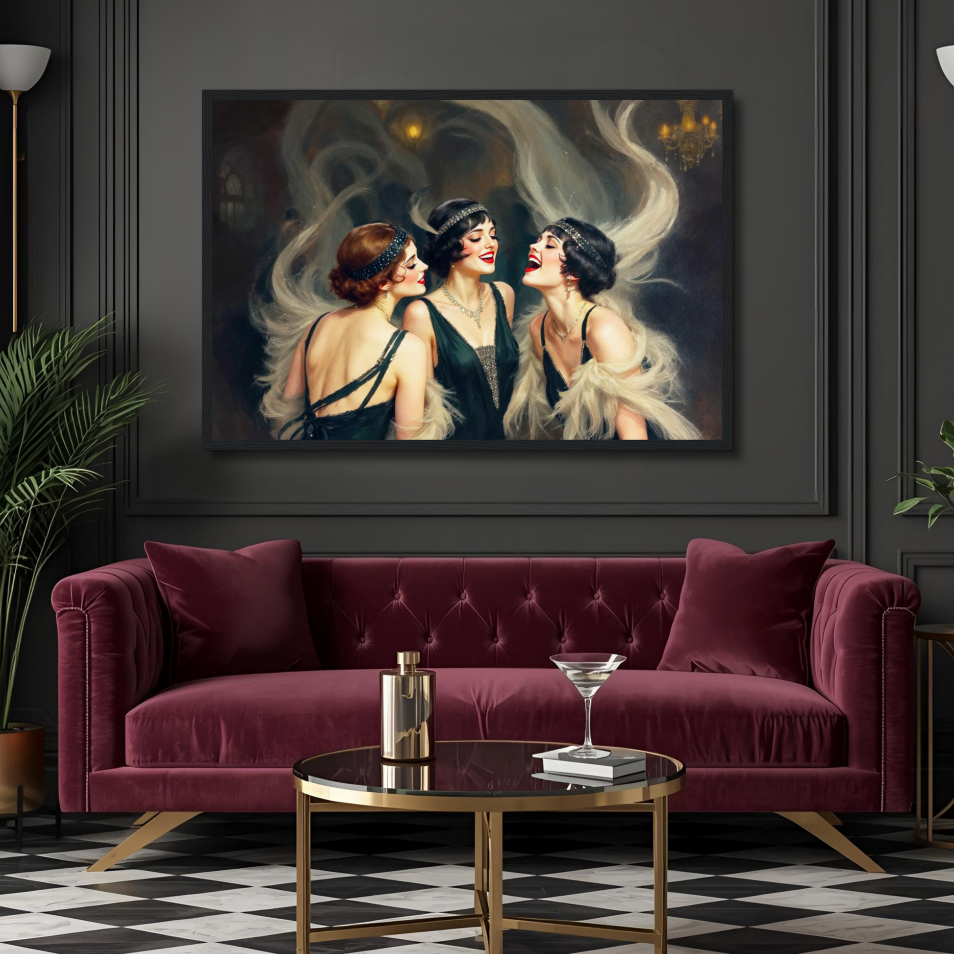 Flapper Girls Speakeasy Gatsby Art Print Dark Brown Wood Frame 60x90 cm 24x36″ Classic Matte Framed Poster