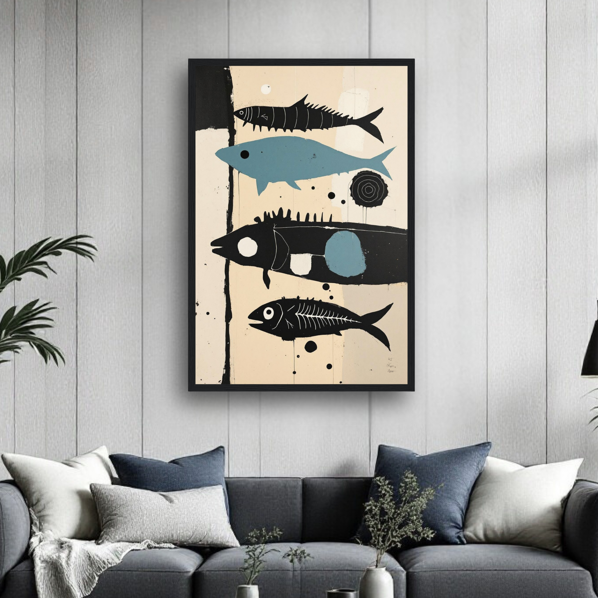 Mid-Century Modern Fish Art Poster Print – Framed Abstract Neutral Wall Decor