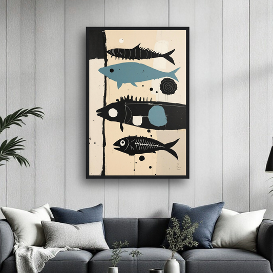 Mid-Century Modern Fish Art Poster Print – Framed Abstract Neutral Wall Decor
