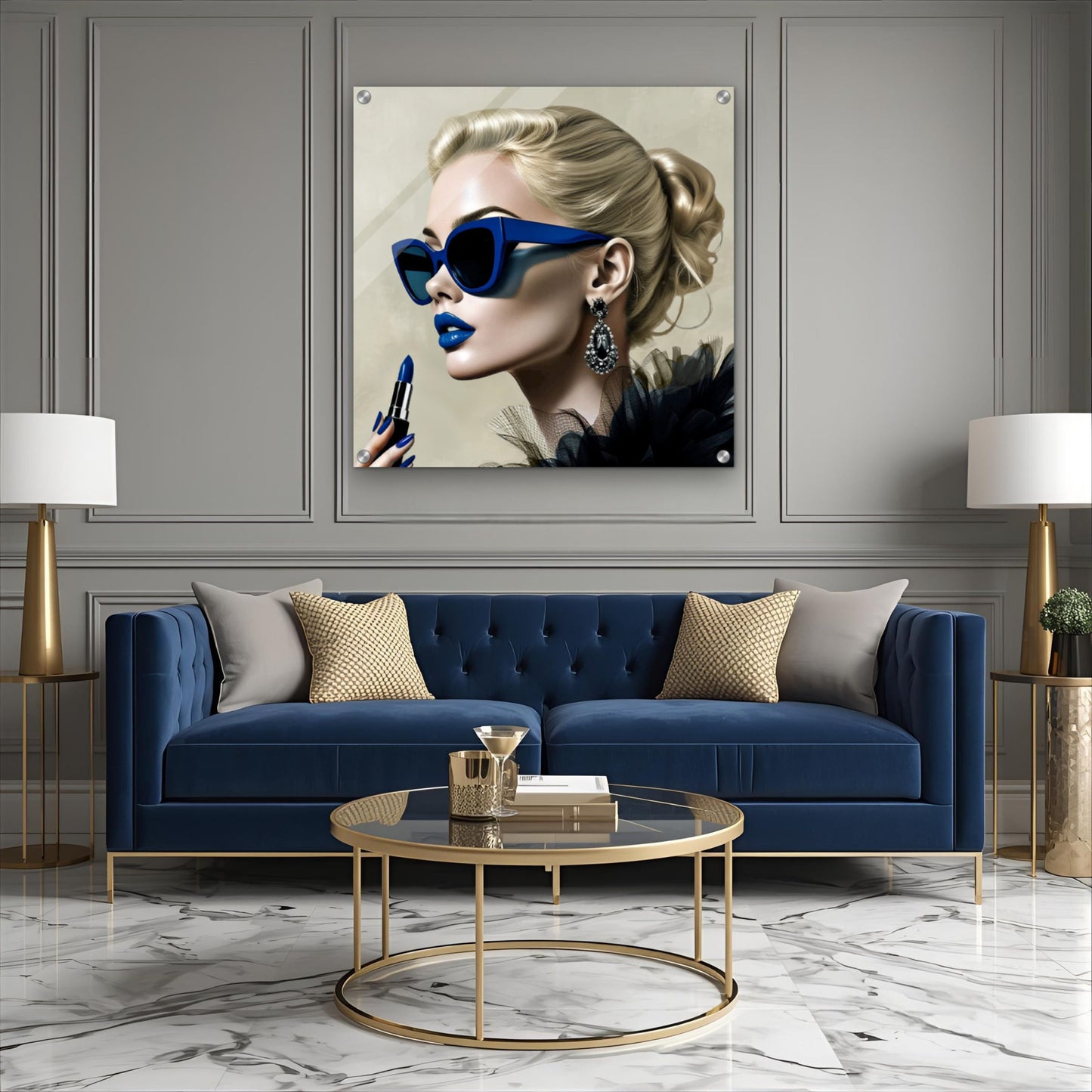 Retro Fashion Model Blue Lipstick Art Print 45x45 cm 18x18″ Premium Matte Paper Poster