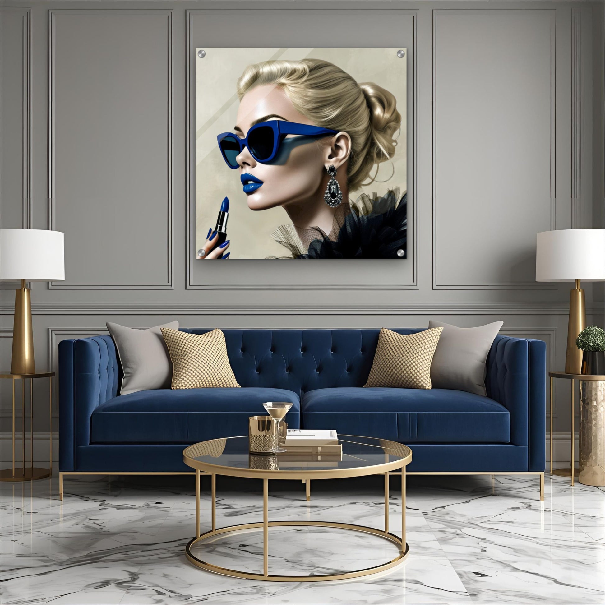 Retro Fashion Model Blue Lipstick Art Print 45x45 cm 18x18″ Premium Matte Paper Poster