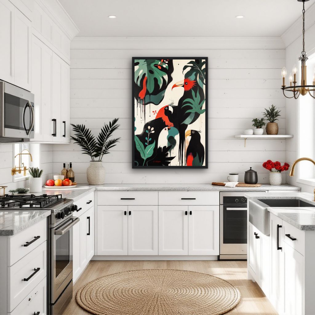 Mid-Century Modern Exotic Bird Art Poster Print - Framed Tropical Parrot Wall Décor