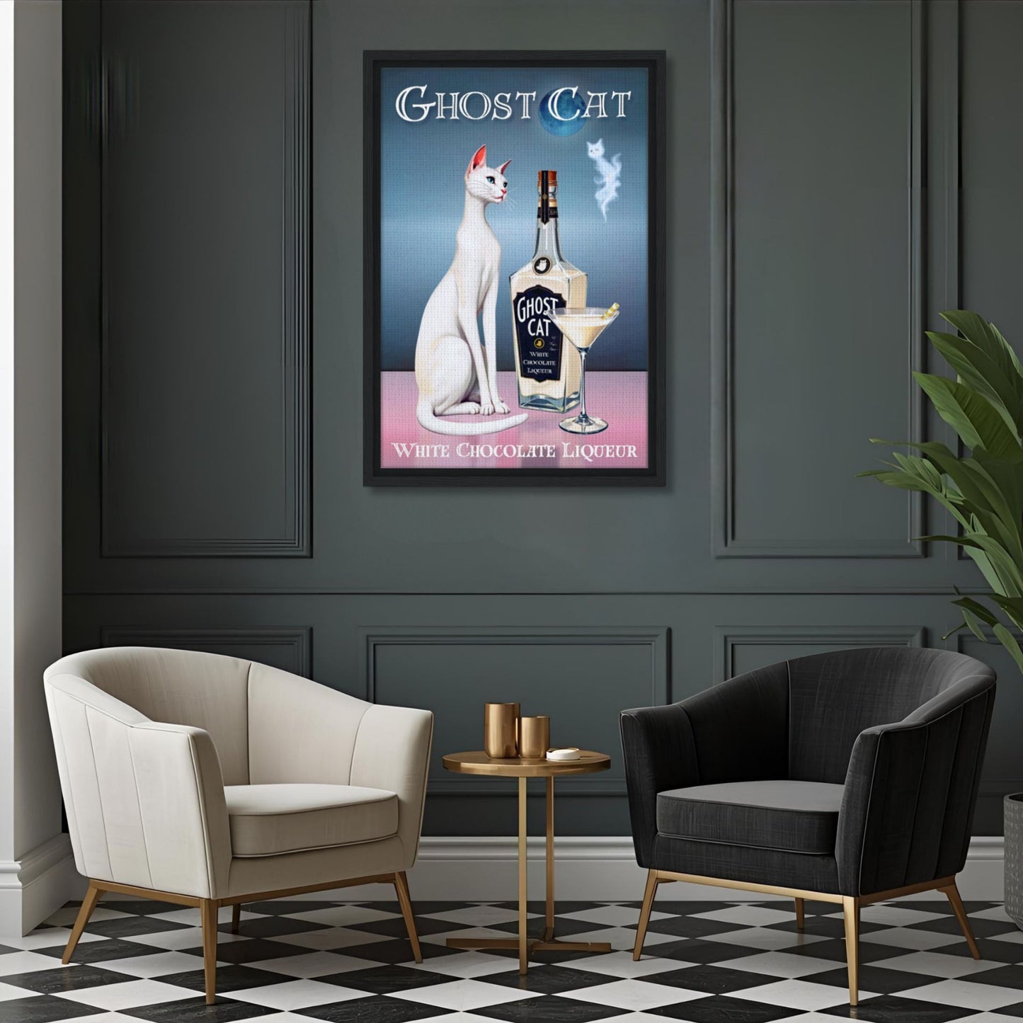 White Cat Martini Cocktail Bar Art Print 60x90 cm 24x36″ Classic Matte Paper Wooden Framed Poster Black Wood frame