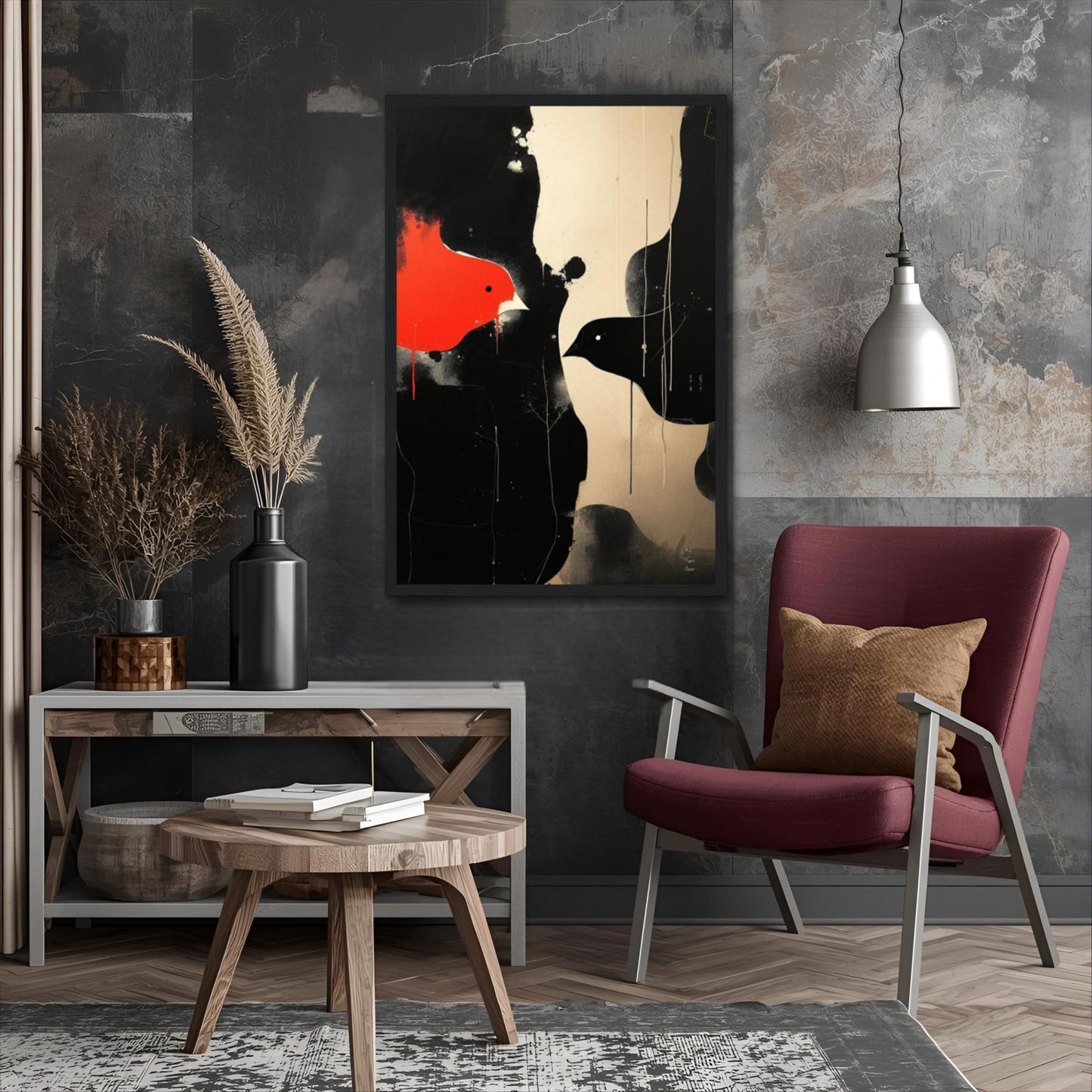 Abstract Bird Minimalist Fine Art Print 60x90 cm 24x36″ Framed Canvas Dark Brown Wood Frame