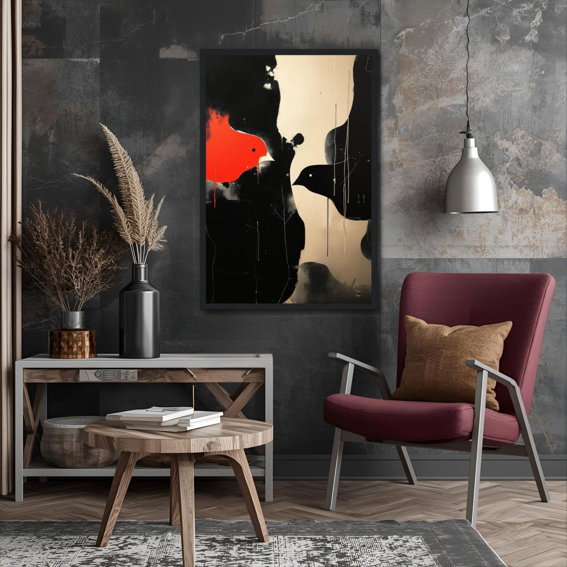Abstract Bird Minimalist Fine Art Print 60x90 cm 24x36″ Framed Canvas Dark Brown Wood Frame