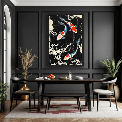 Mid-Century Modern Koi Fish Art Poster Print – Framed Abstract Black White Wall Décor