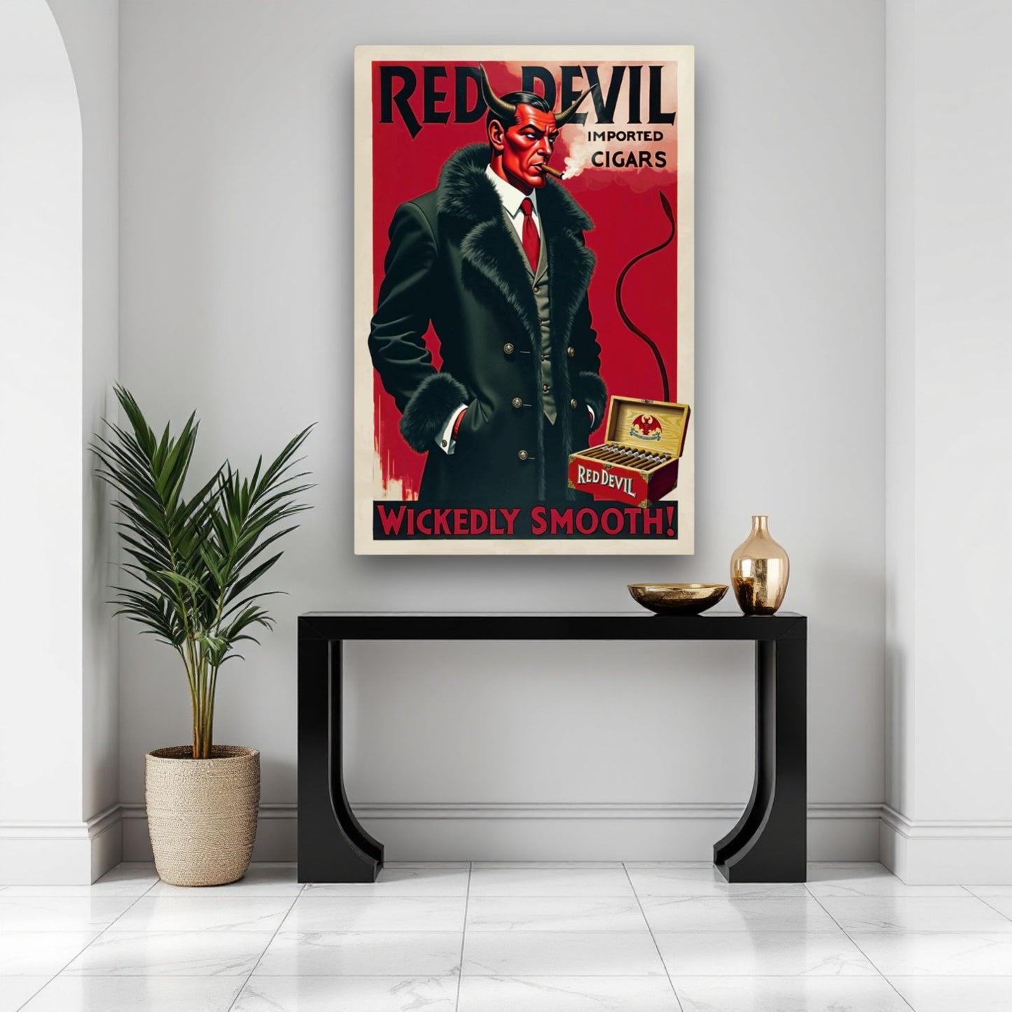 Red Devil Art Deco Cigar Art Print 70x100 cm 28x40″ Museum-Quality Matte Paper Wooden Framed Poster Dark Brown Wood Frame