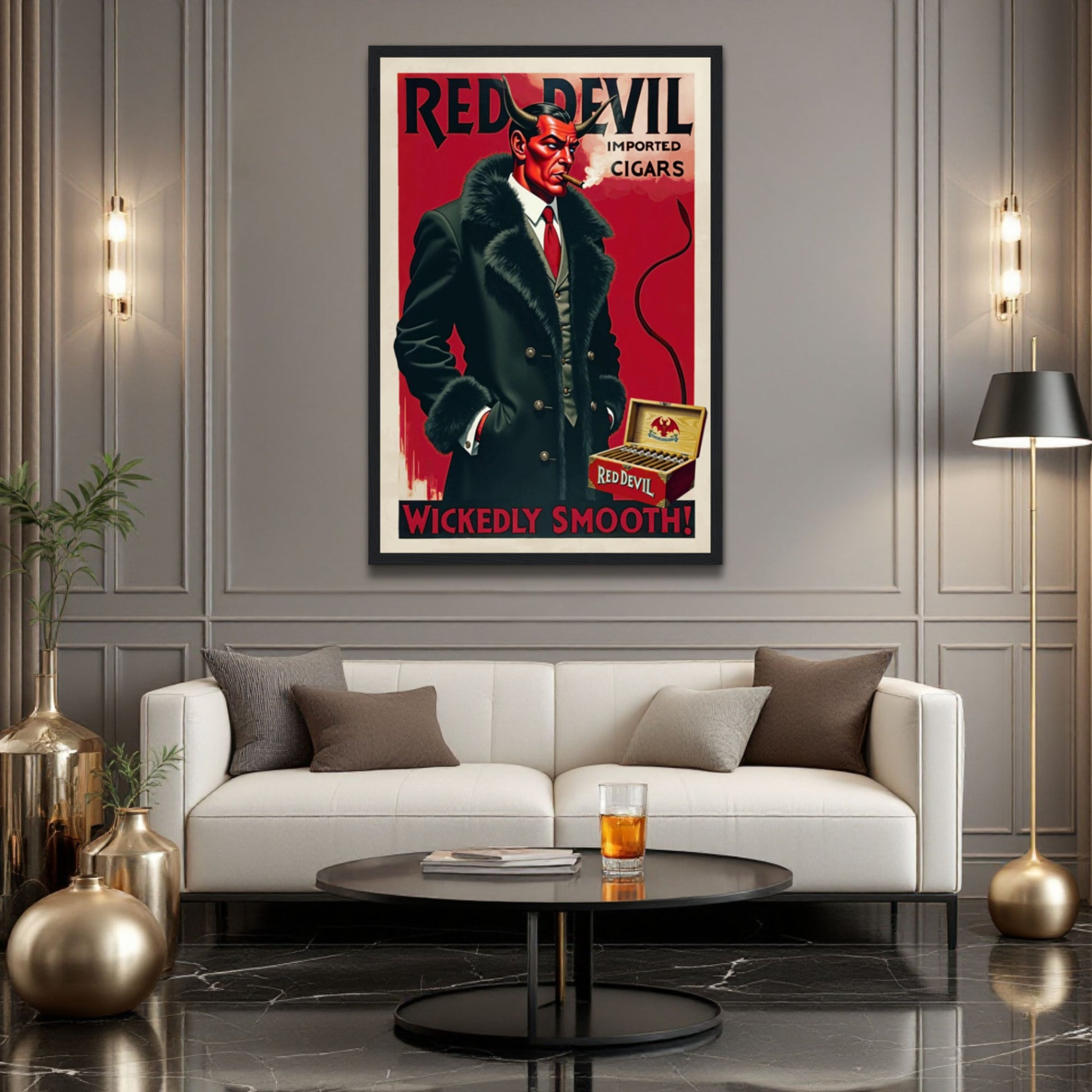 Red Devil Art Deco Cigar Art Print 70x100 cm 28x40″ Museum-Quality Matte Paper Wooden Framed Poster Dark Brown Wood Frame