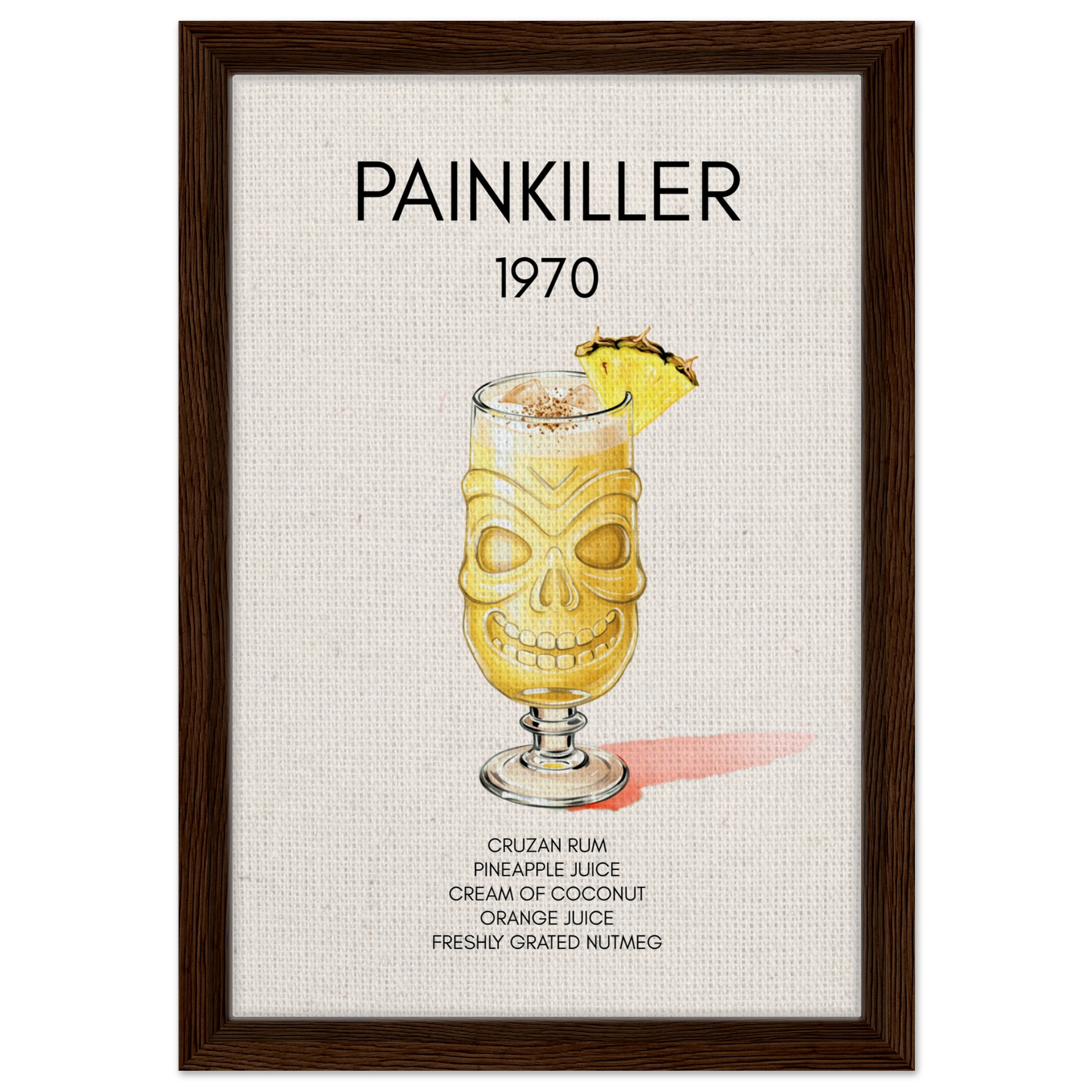 Painkiller Cocktail Bar Art Tiki Print Dark Brown Wood Frame 30x45 cm 12x18″ Framed Canvas
