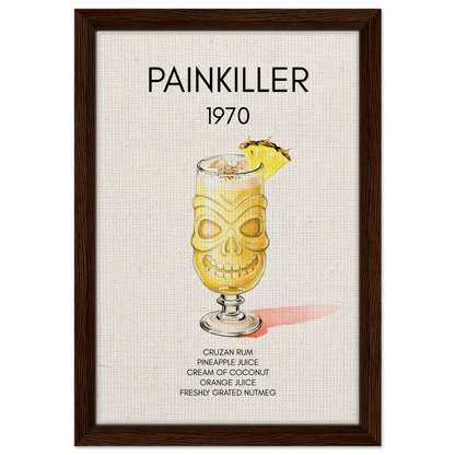 Painkiller Cocktail Bar Art Tiki Print Dark Brown Wood Frame 30x45 cm 12x18″ Framed Canvas