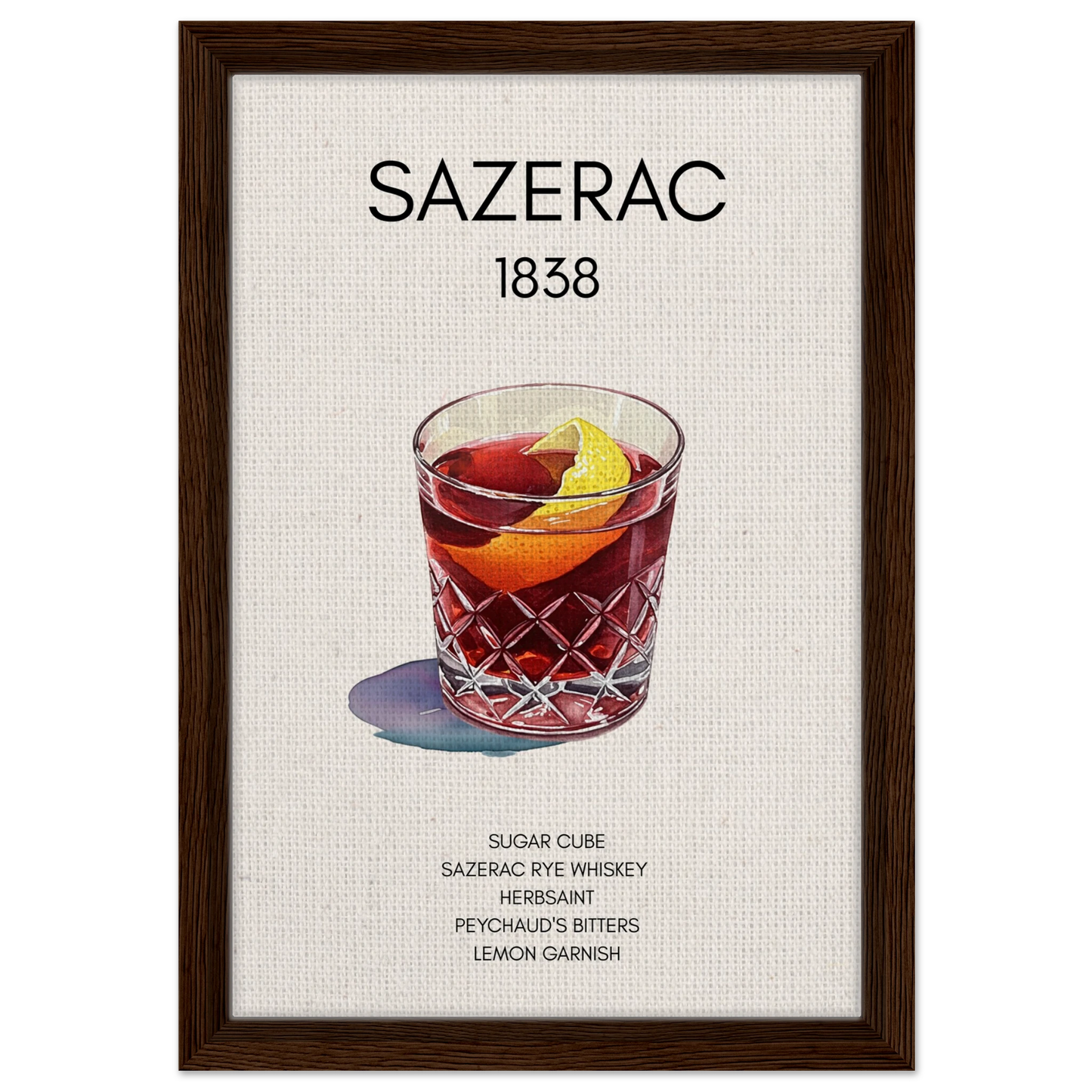 Sazerac Cocktail Bar Poster Print Dark Brown Wood Frame 30x45 cm 12x18″ Framed Canvas
