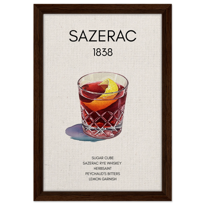 Sazerac Cocktail Bar Art Print Dark Brown Wood Frame 30x45 cm 12x18″ Framed Canvas