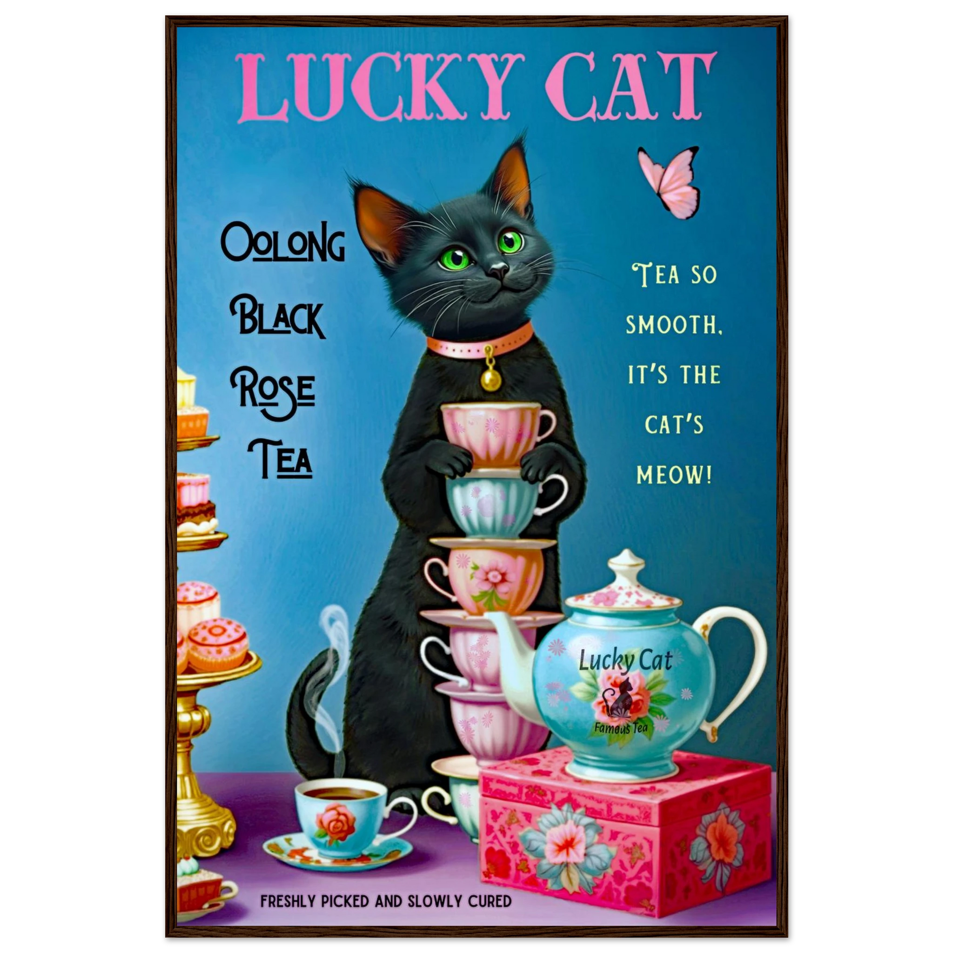 Lucky Cat Vintage Oolong Tea Art Print 60x90 cm 24x36″ Classic Matte Paper Wooden Framed Poster Dark Brown Wood Frame