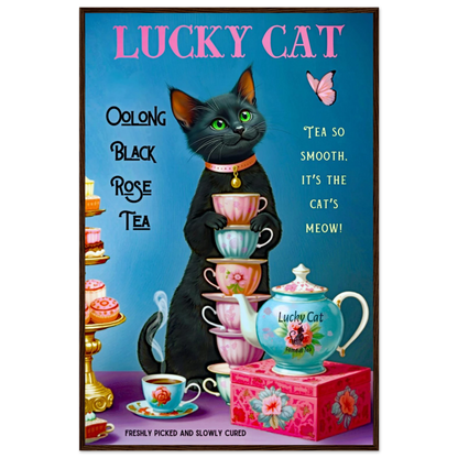 Lucky Cat Vintage Oolong Tea Art Print 60x90 cm 24x36″ Classic Matte Paper Wooden Framed Poster Dark Brown Wood Frame