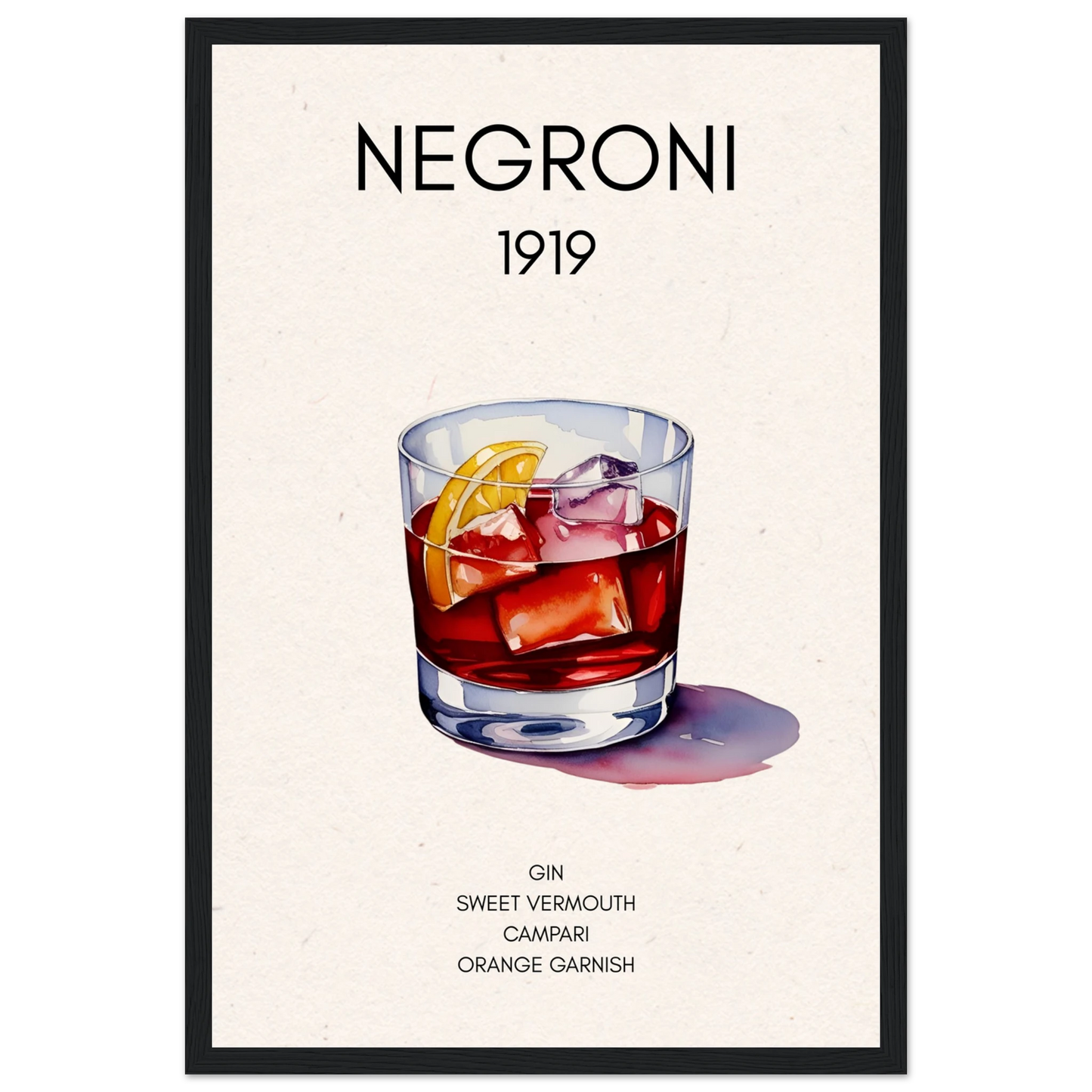 Negroni Cocktail Bar Poster Print Black Wood Frame 30x45 cm 12x18″ Classic Matte Paper Wooden Framed Poster