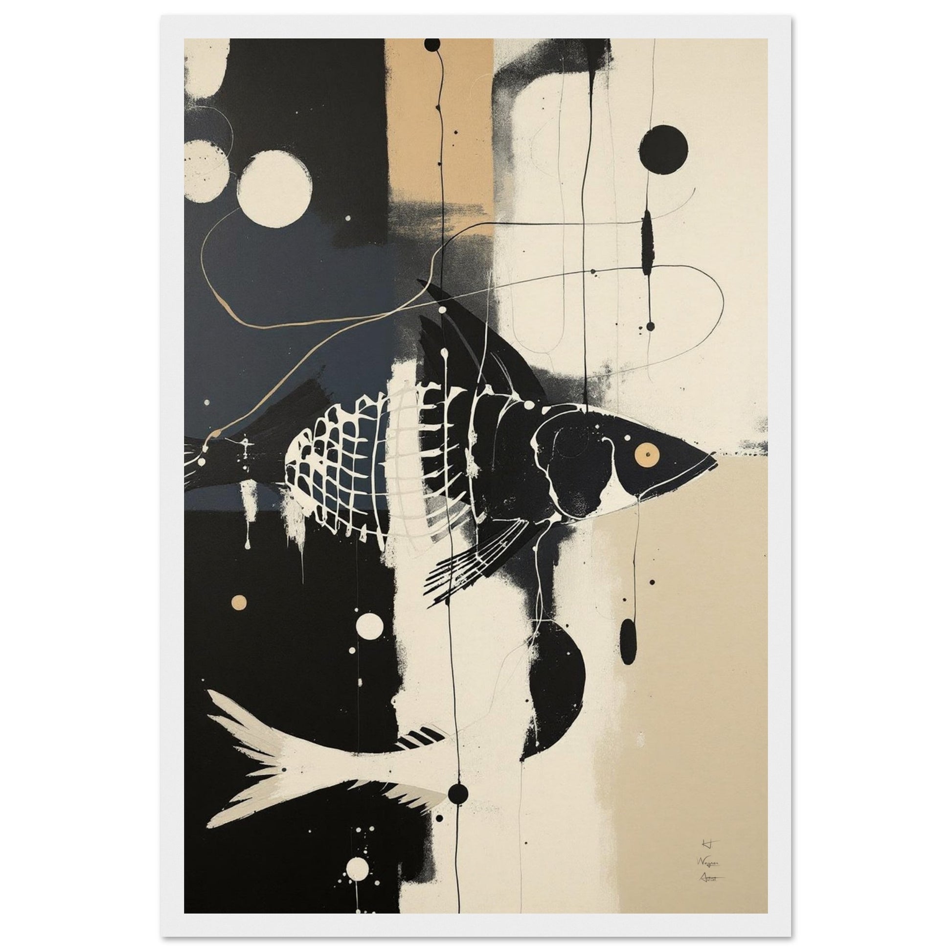 Abstract Fish Art Poster Print – Framed Modern Neutral Wall Décor White Wood Frame 30x45 cm 12x18″ Museum-Quality Matte Framed Poster