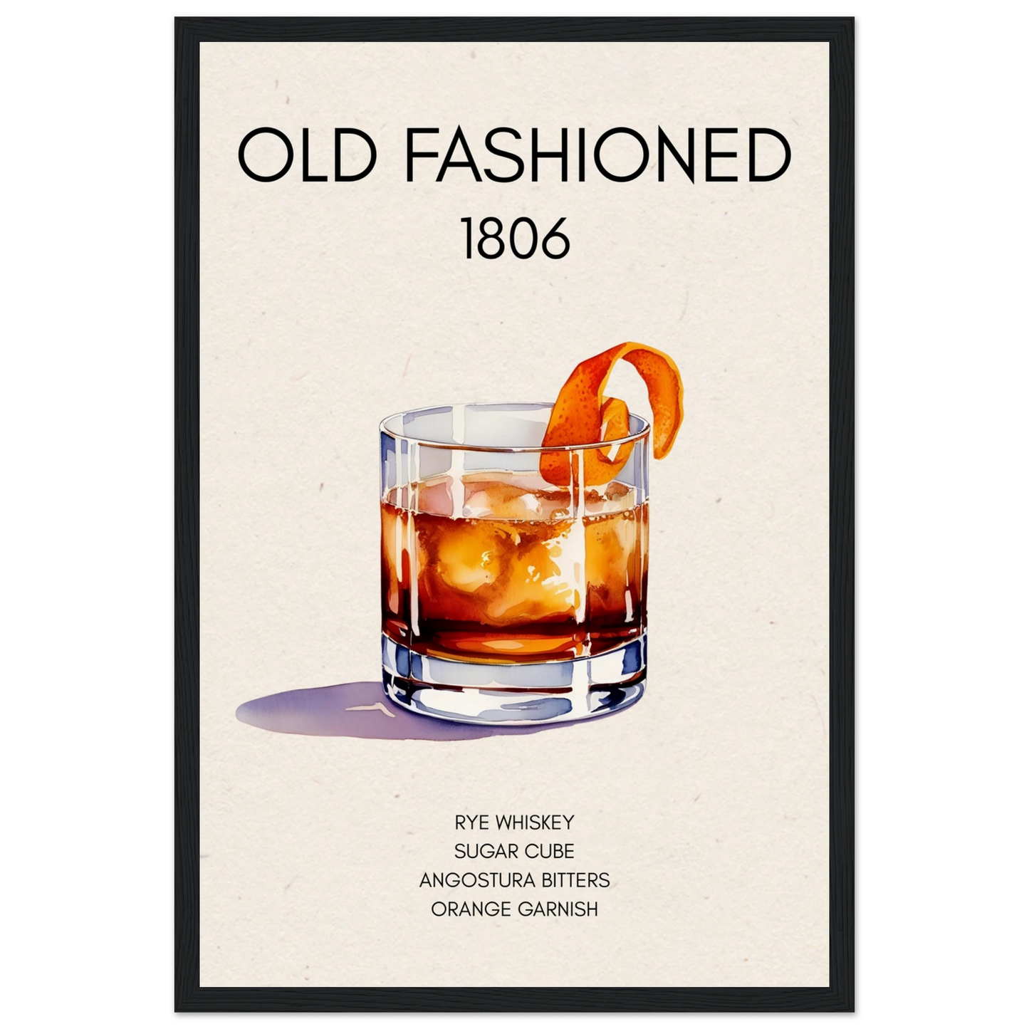 Classic Old Fashioned Cocktail Bar Poster Print Black Wood Frame 30x45 cm 12x18″ Museum-Quality Matte Paper Wooden Framed Poster