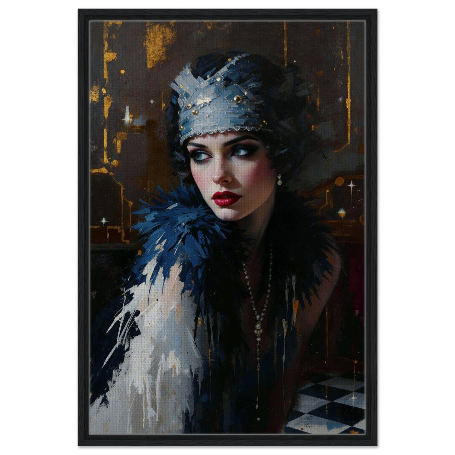 1920s Gatsby Flapper Painting Art Print - Speakeasy Prohibition Wall Decor 24x36″ Framed Canvas - Black Wood