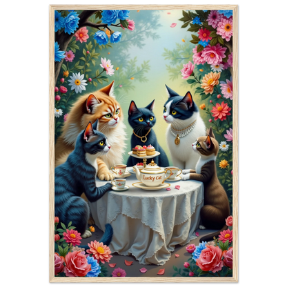 Lucky Cat Tea Party Botanical Art Print 40x60 cm 16x24″ Museum-Quality Matte Paper Wooden Framed Poster Light Wood Frame