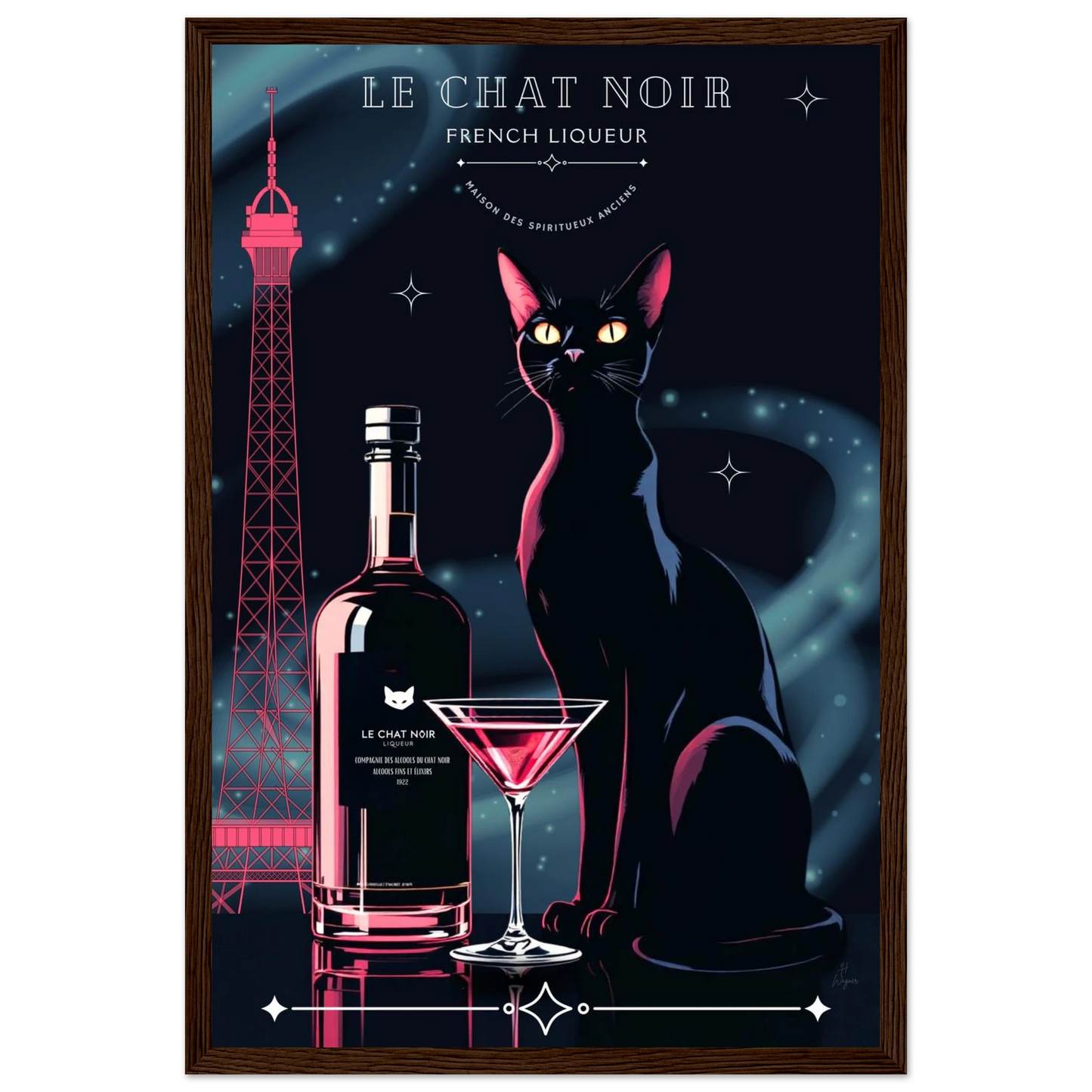 Art Deco Le Chat Noir French Black Cat Art Print 30x45 cm 12x18″ Premium Matte Paper Wooden Framed Poster Dark wood frame