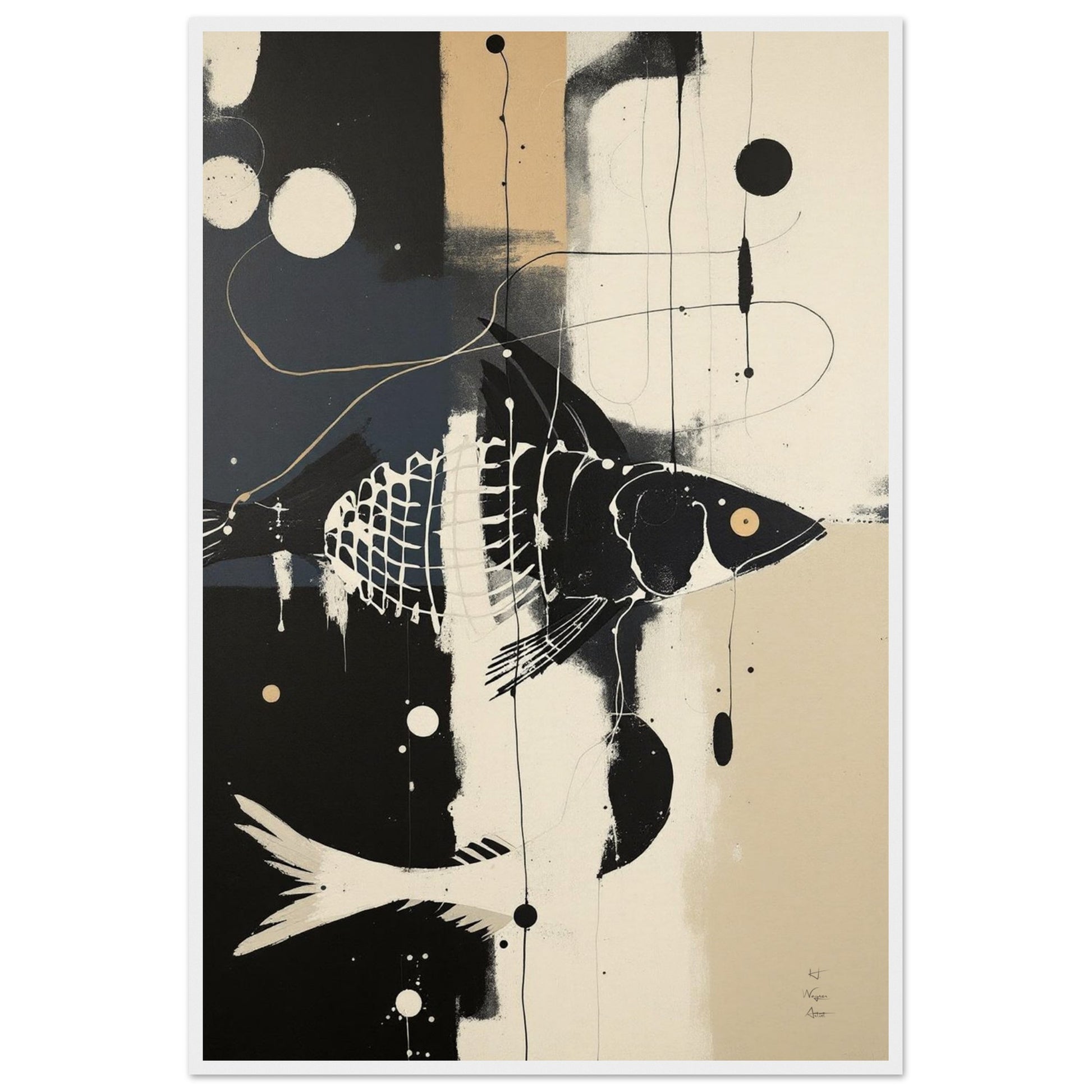 Abstract Fish Art Poster Print – Framed Modern Neutral Wall Décor White Wood Frame 60x90 cm 24x36″ Museum-Quality Matte Framed Poster