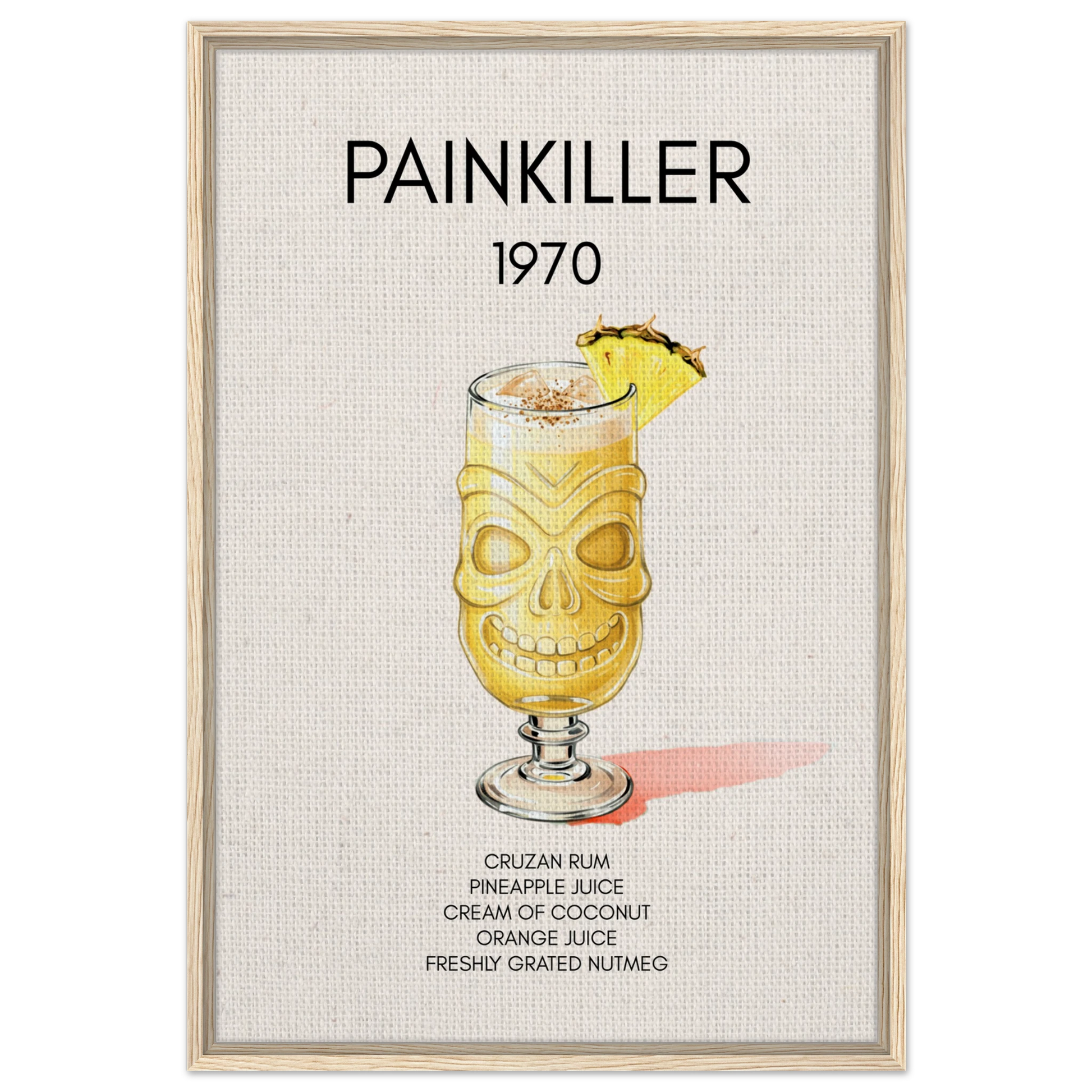 Painkiller Cocktail Bar Art Tiki Print Light Wood Frame 60x90 cm 24x36″ Framed Canvas