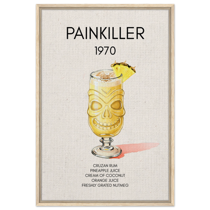 Painkiller Cocktail Bar Art Tiki Print Light Wood Frame 60x90 cm 24x36″ Framed Canvas