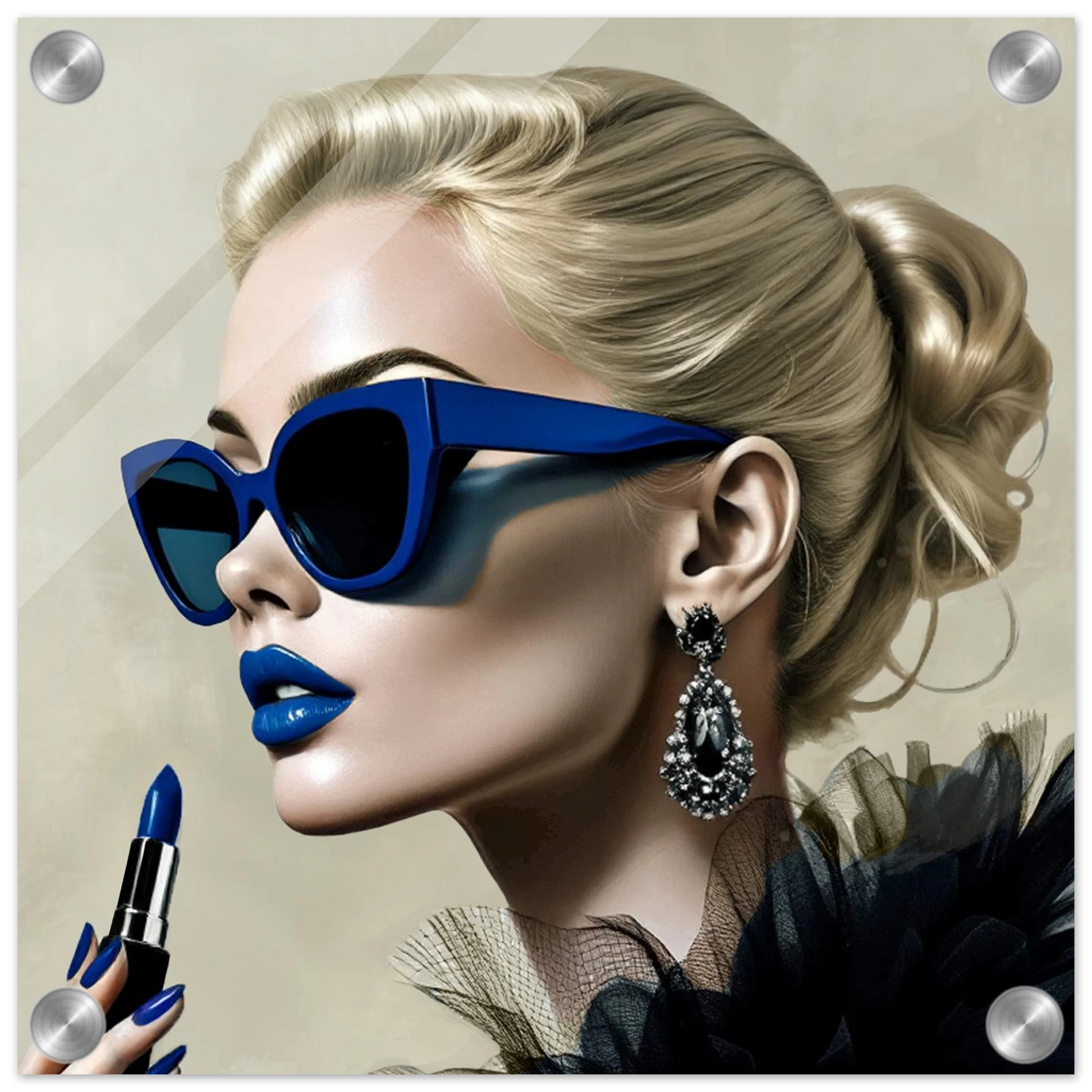 Retro Fashion Model Blue Lipstick Art Print 30x30 cm 12x12″ Sleek Acrylic Print