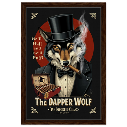 Smoking Wolf Speakeasy Cigar Art Print 40x60 cm 16x24″ Framed Canvas Dark Brown Wood Frame