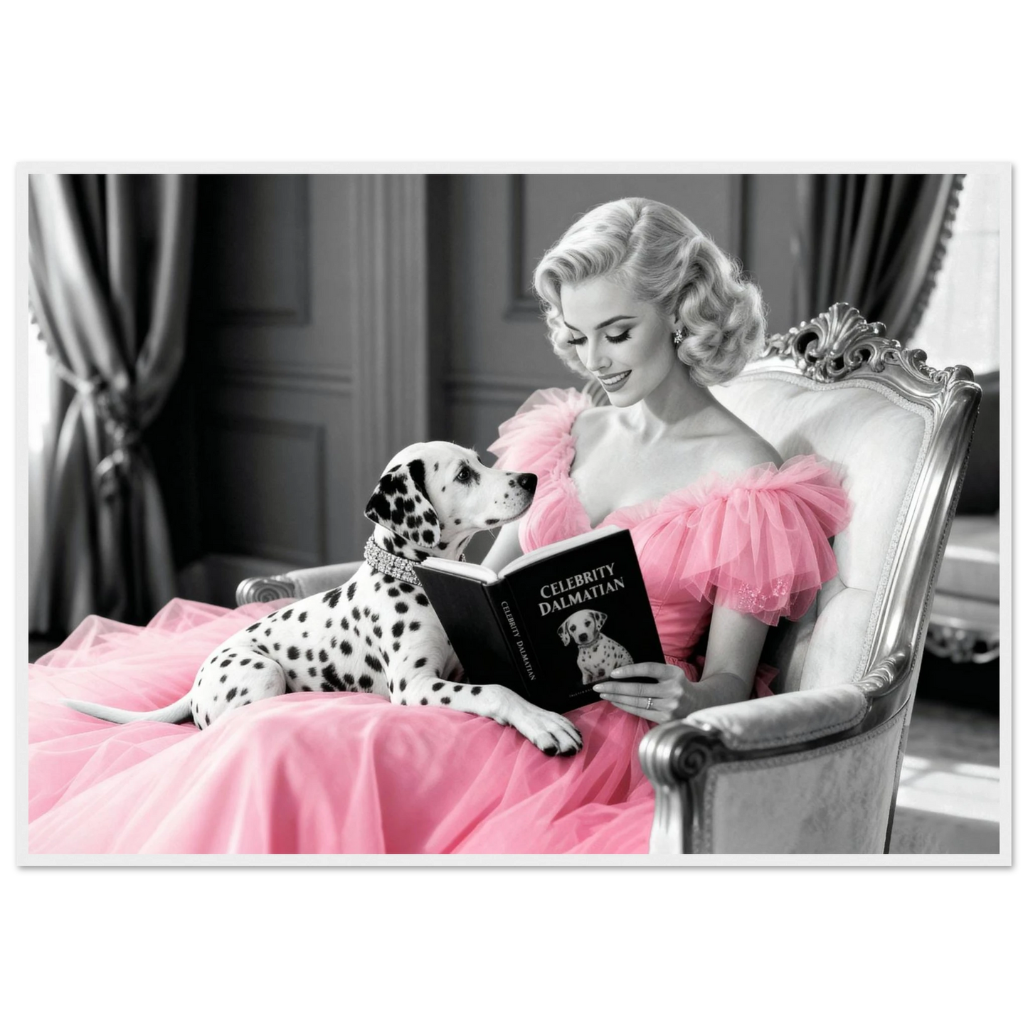 Hollywood Starlet Dalmatian Puppy Art Print 70x100 cm 28x40″ Premium Matte Framed Poster - White Wood